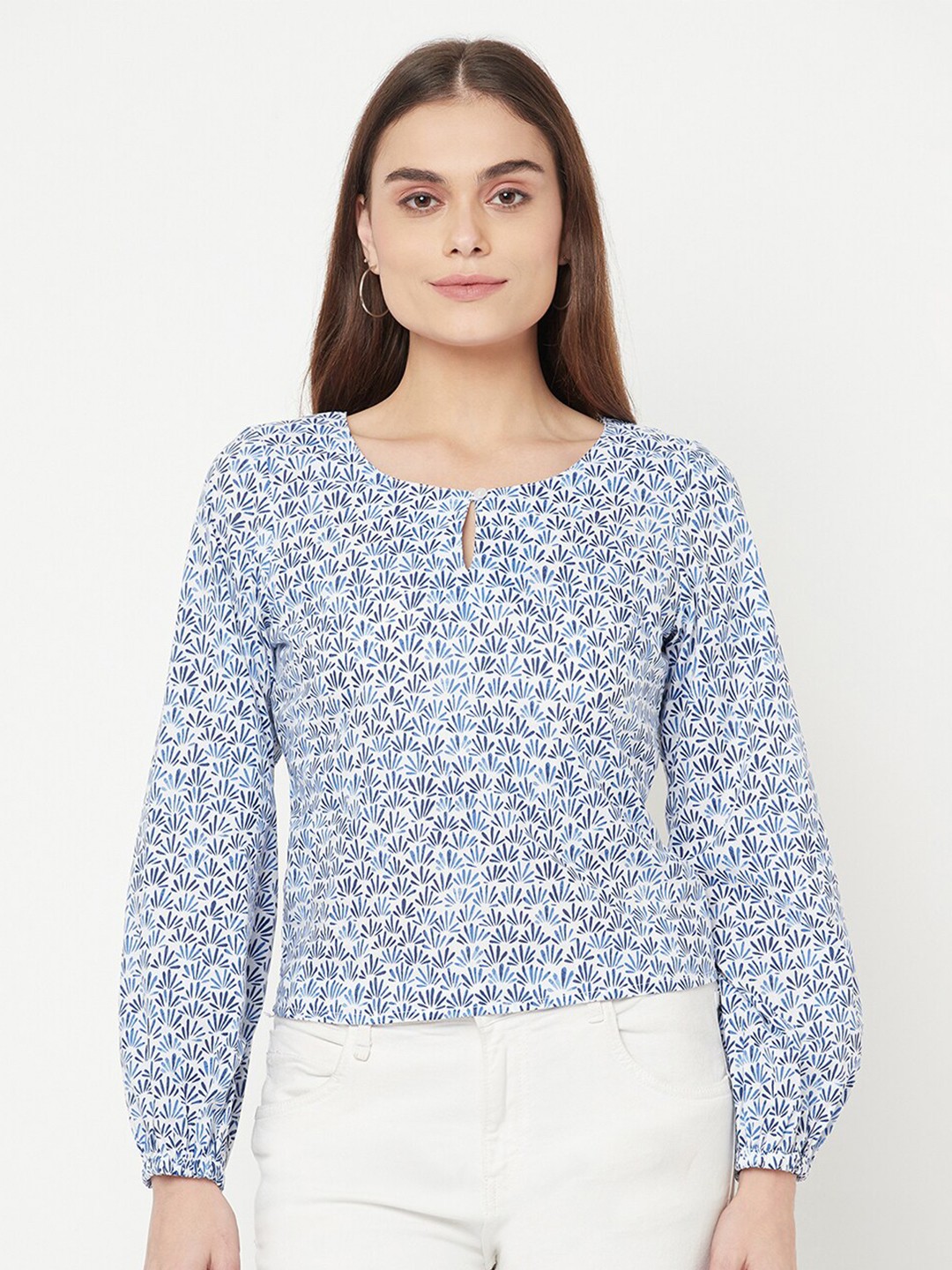 

RAASSIO Print Keyhole Neck Pure Cotton Top, Blue