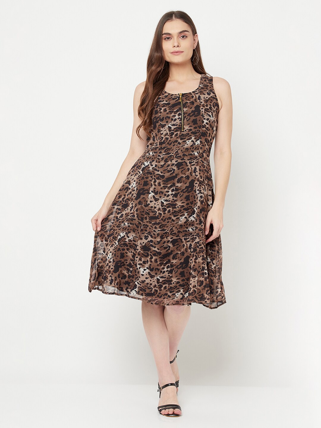 

RAASSIO Animal Crepe A-Line Dress, Beige