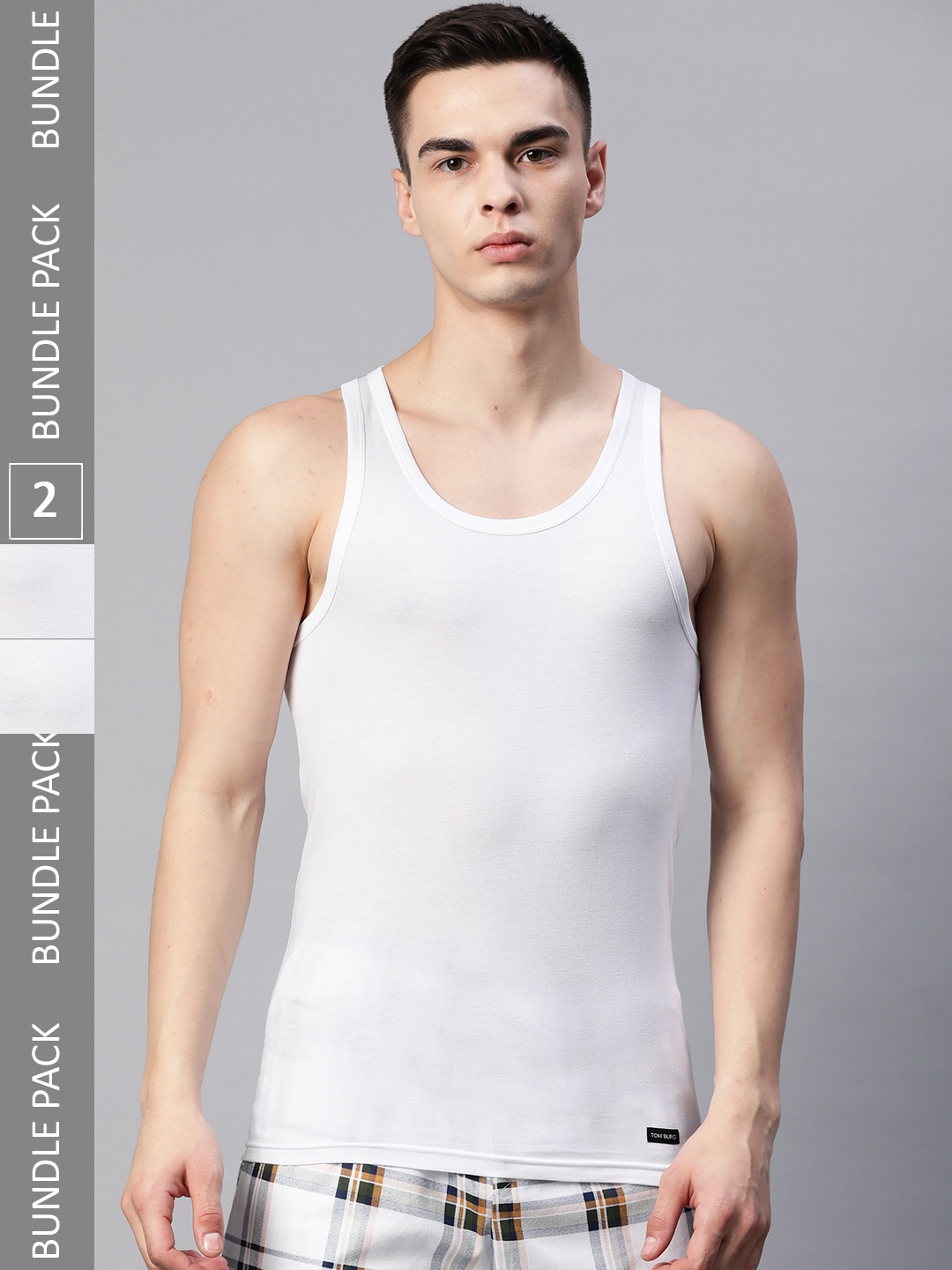 

TOM BURG Men Pack of 2 Solid Innerwear Vests, White