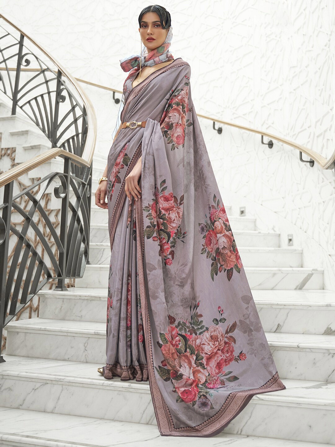 

Anouk Floral Printed Banarasi Saree, Grey
