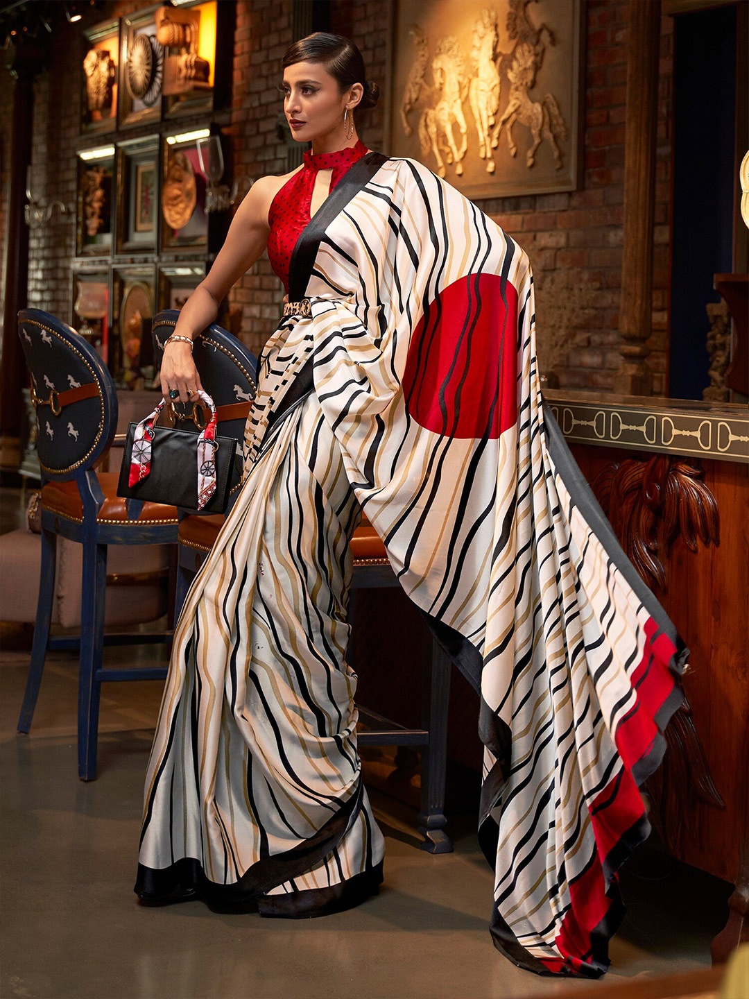 

Anouk Rustic Printed Striped Saree, Off white