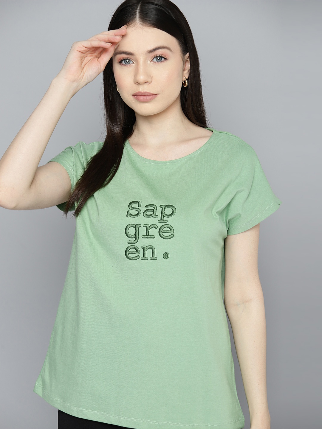 

Chemistry Embroidered Extended Sleeves Pure Cotton T-shirt, Green