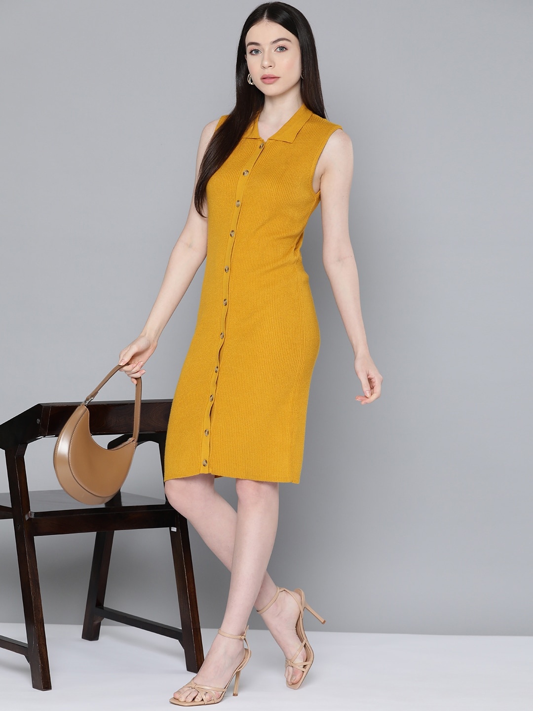 

Chemistry Knitted Ribbed Shirt Dress, Mustard