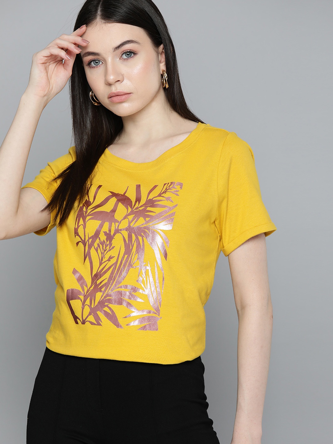 

Chemistry Floral Print V-Neck Pure Cotton T-shirt, Mustard