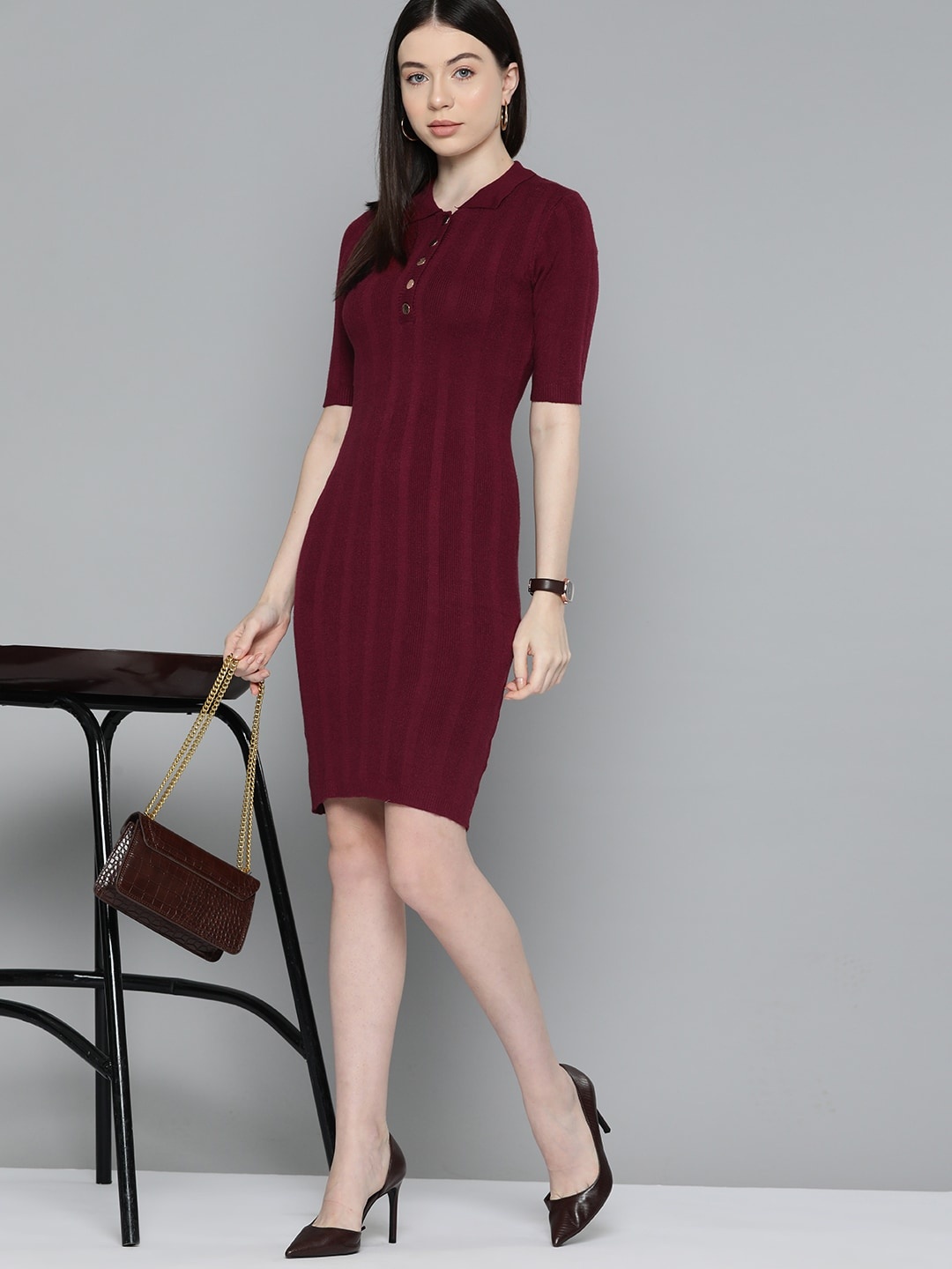 

Chemistry Self-Striped Bodycon Shirt Dress, Burgundy