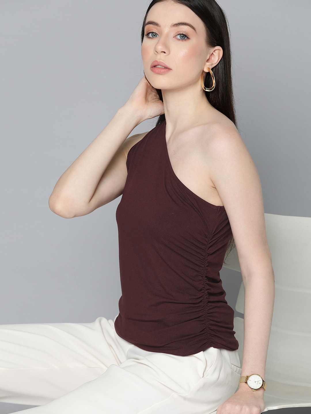 

Chemistry One Shoulder Ruched Top, Brown