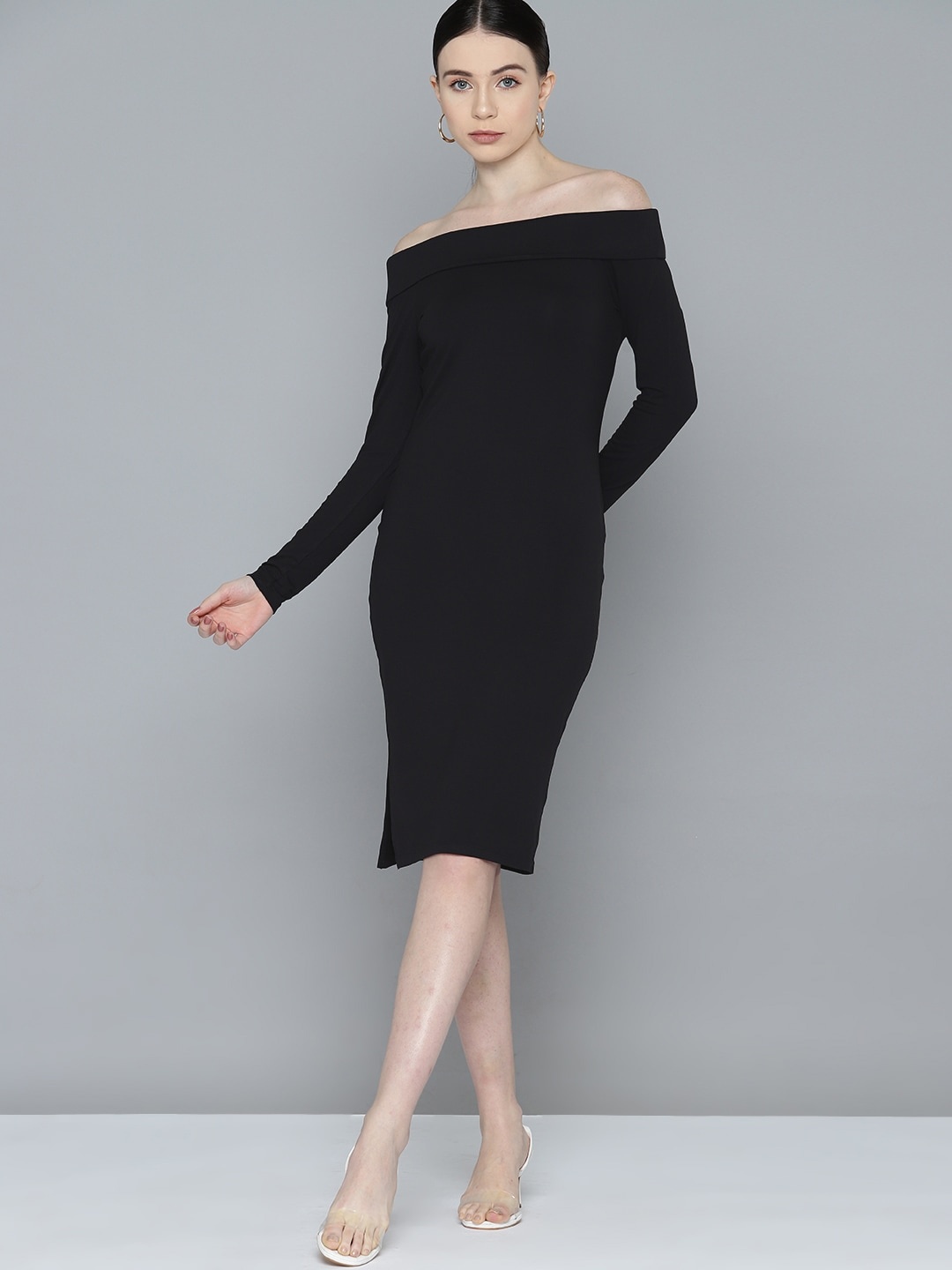 

Chemistry Knitted Off-Shoulder Sheath Dress, Black