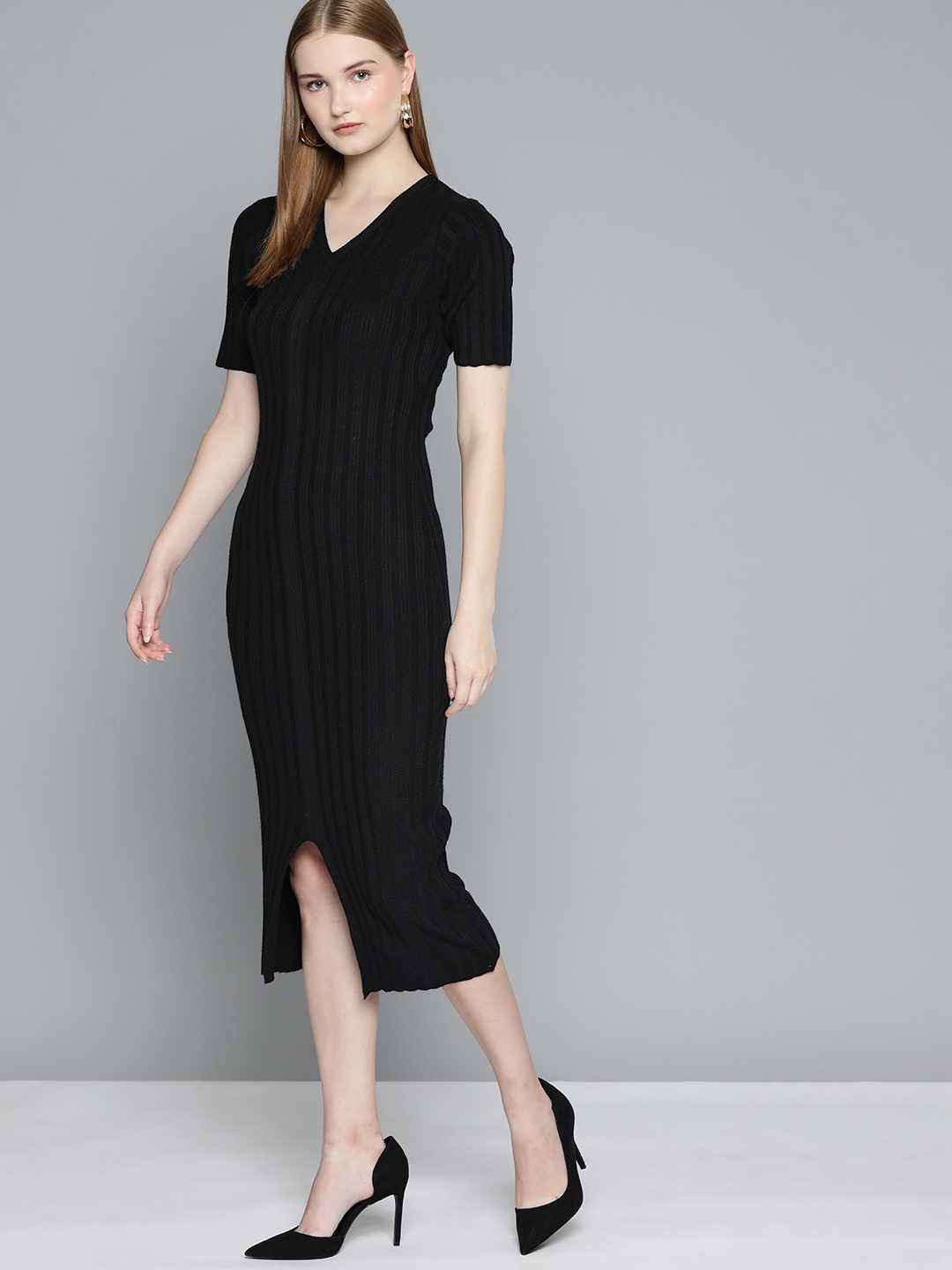

Chemistry Self Striped Midi Sweater Dress, Black