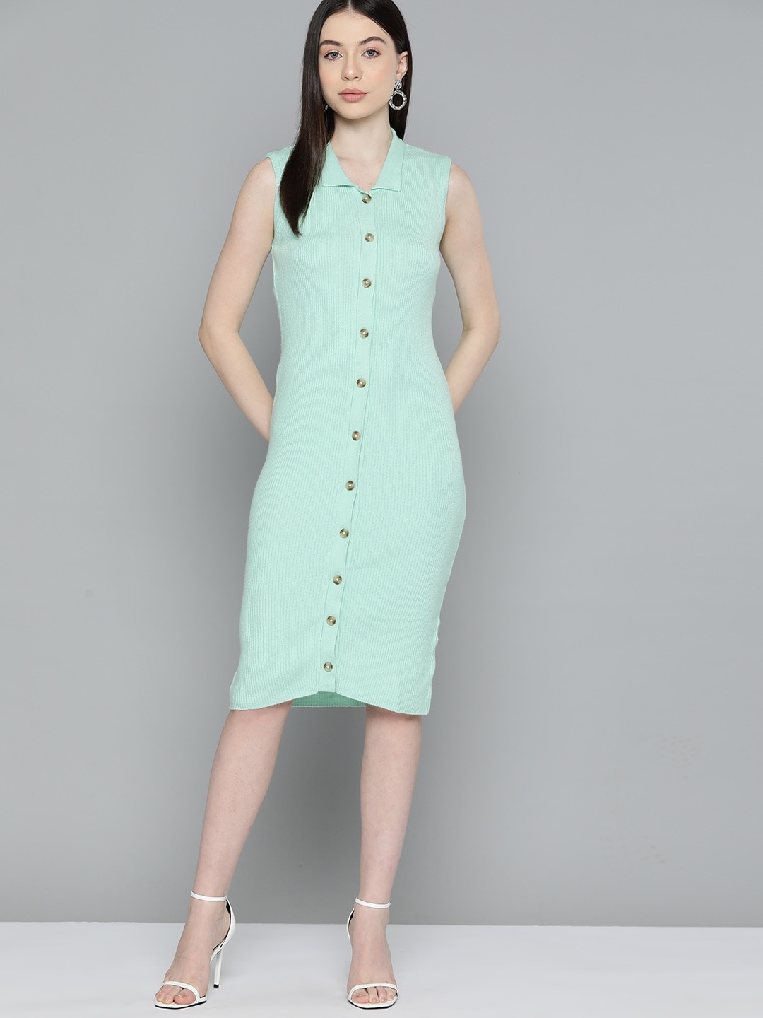 

Chemistry Ribbed Bodycon Midi Shirt Dress, Sea green