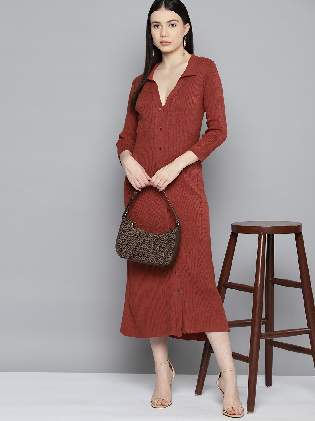

Chemistry Ribbed Jumper Midi Dress, Rust