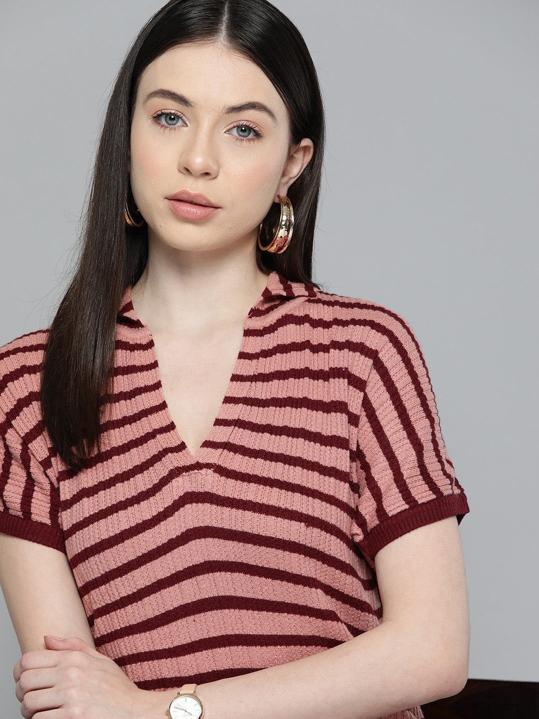 

Chemistry Striped Polo Collar T-shirt, Rose