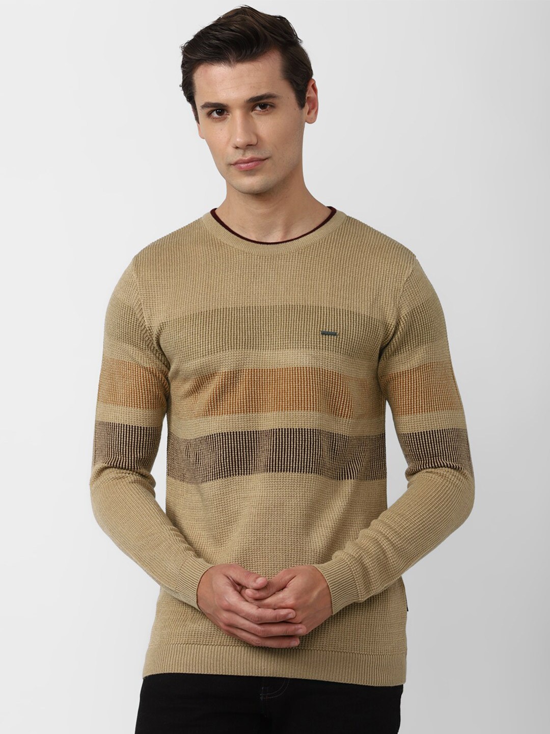 

V Dot Men Striped Pure Cotton Pullover Sweater, Khaki