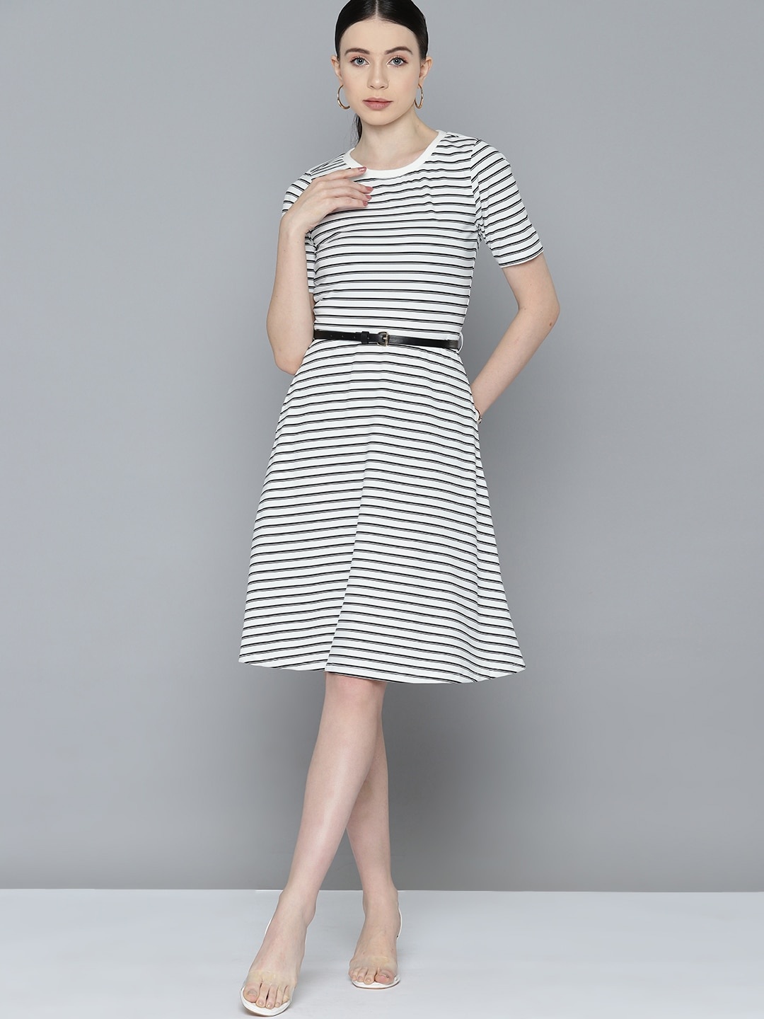 

Chemistry Striped A-Line Dress with Belt, White