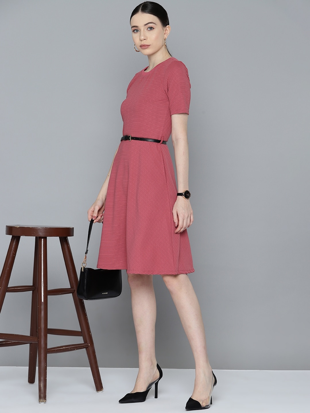 

Chemistry Self-Striped A-Line Dress with Belt, Pink