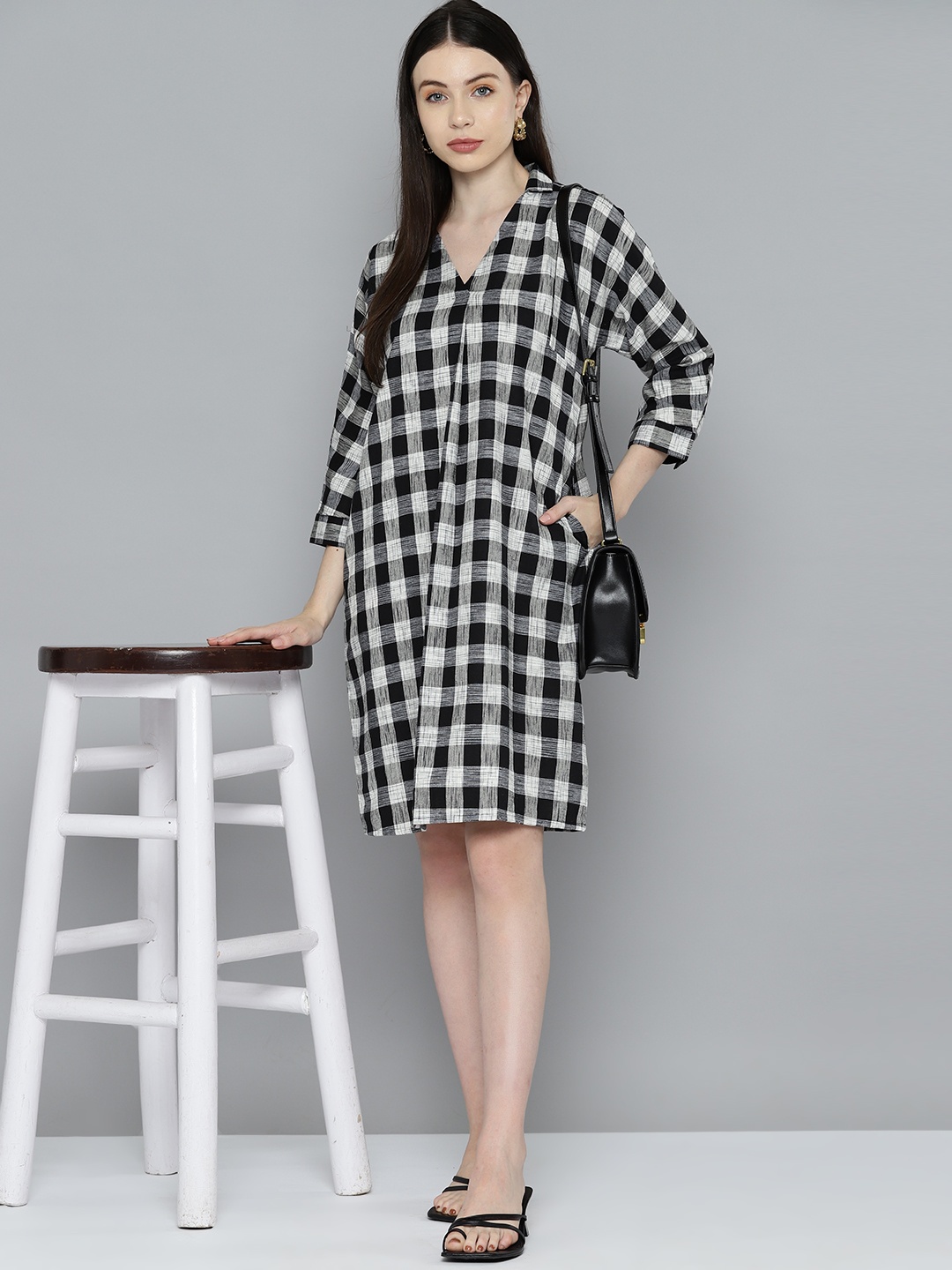 

Chemistry Monochrome Checked A-Line Knee Length Dress, White