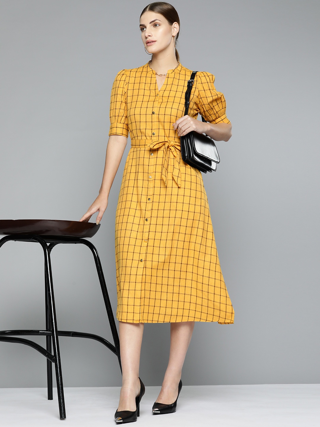 

Chemistry Checked A-Line Midi Dress With Tie-Up Belt, Mustard