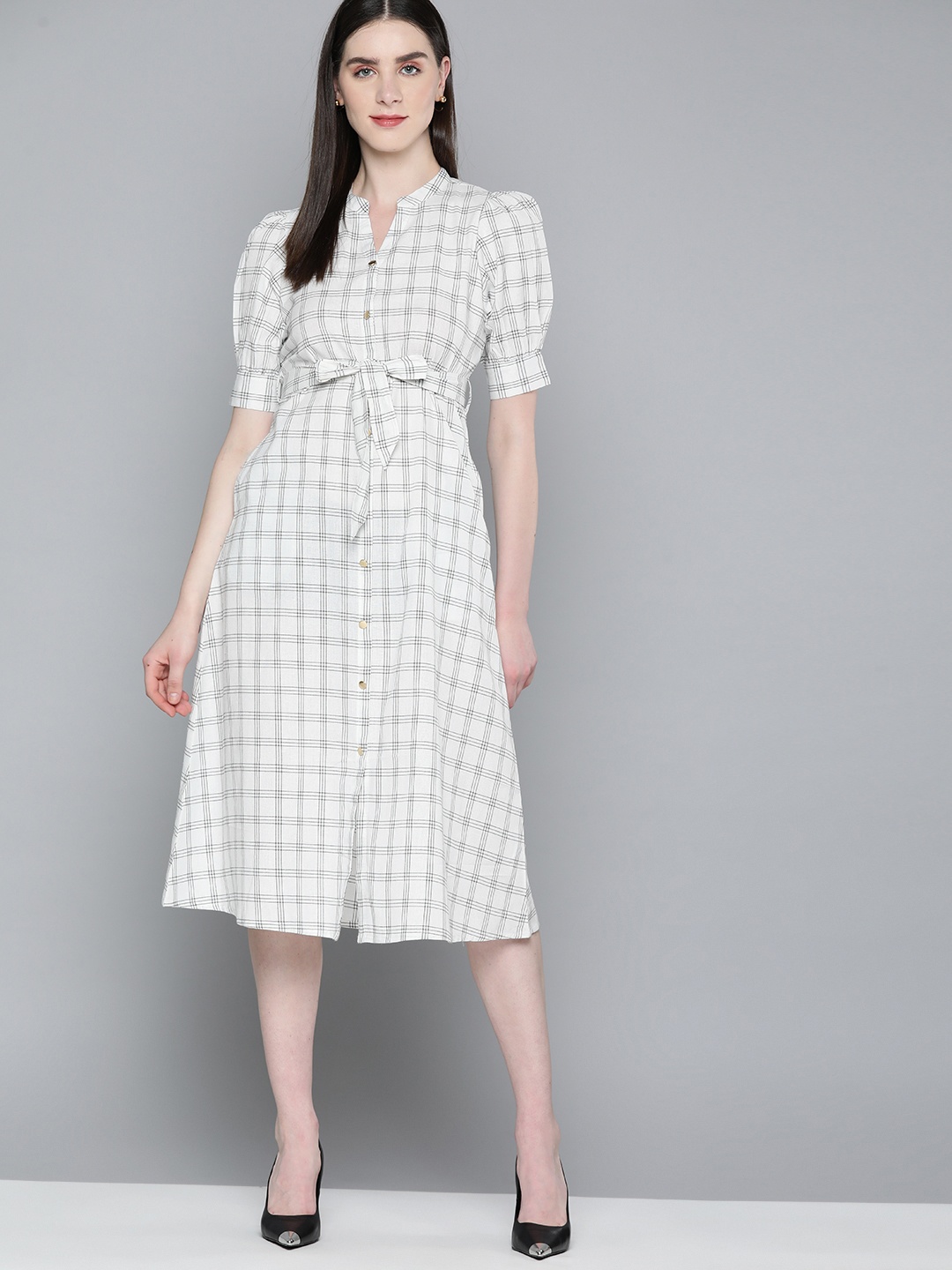 

Chemistry Checked Mandarin Collar A-Line Midi Dress with a Belt, White