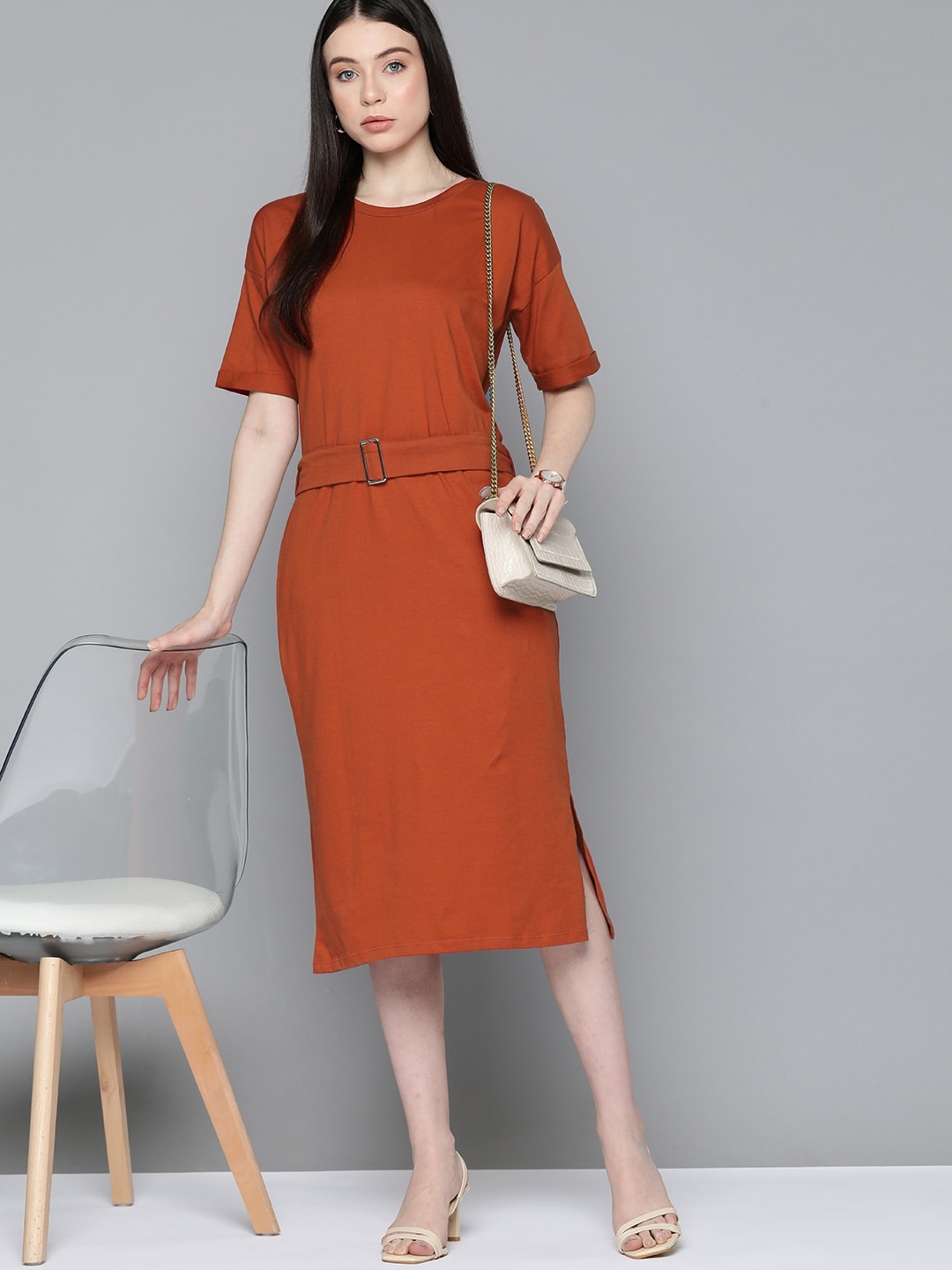 

Chemistry Cotton Sheath Midi Dress with Belt, Rust