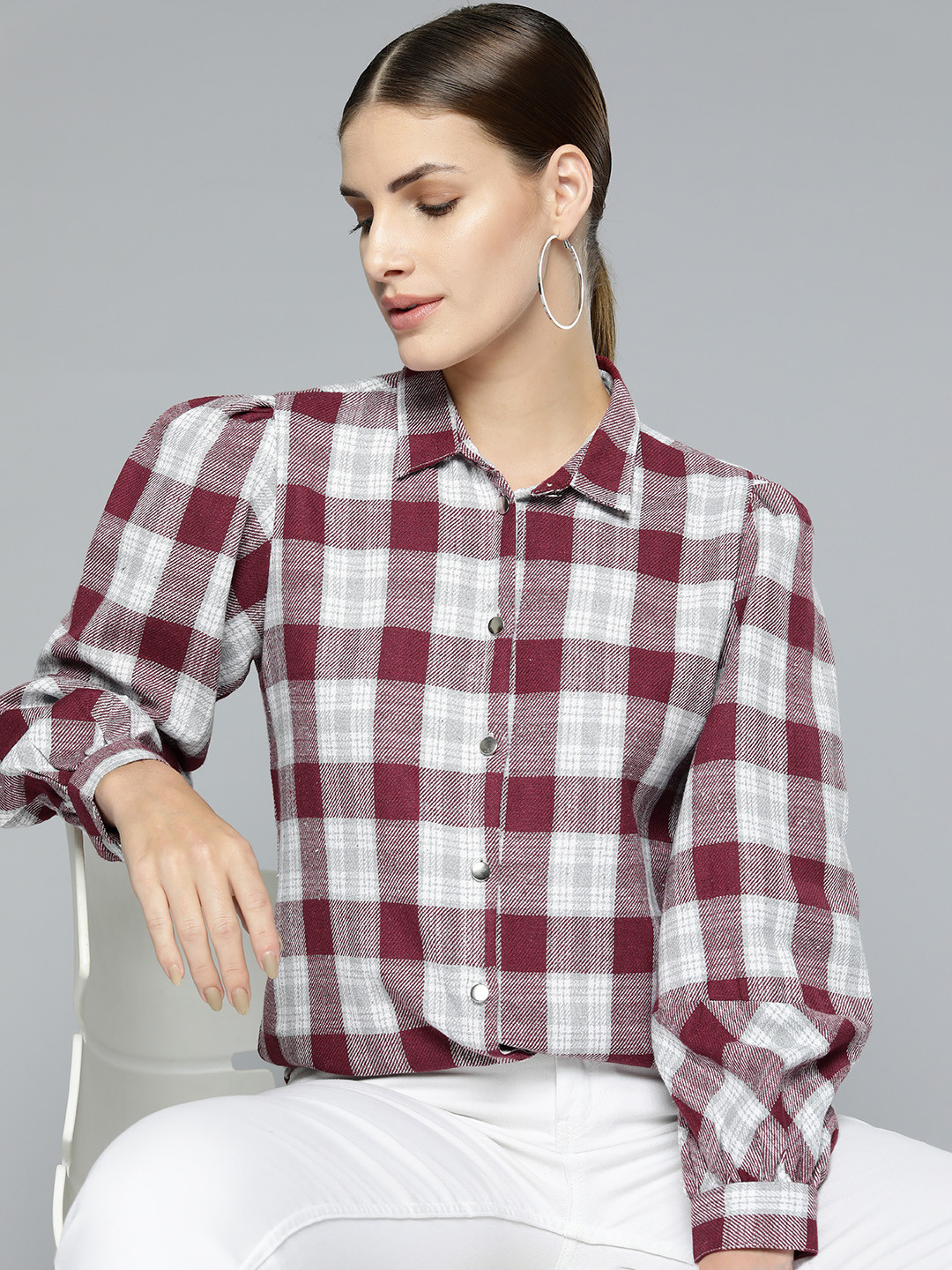 

Chemistry Tartan Checks Puff-Sleeves Casual Shirt, Maroon