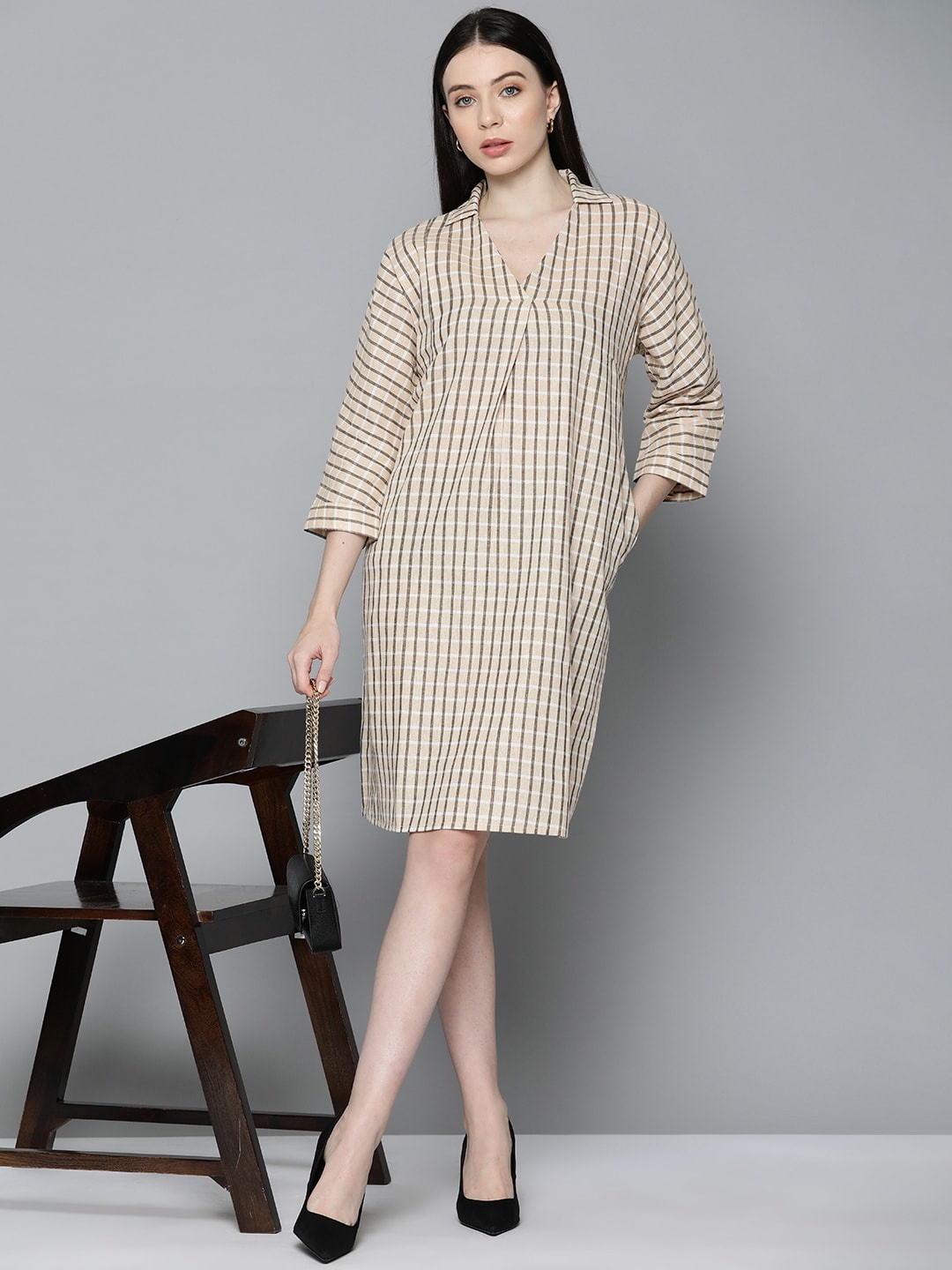 

Chemistry Checked Shirt Dress, Beige