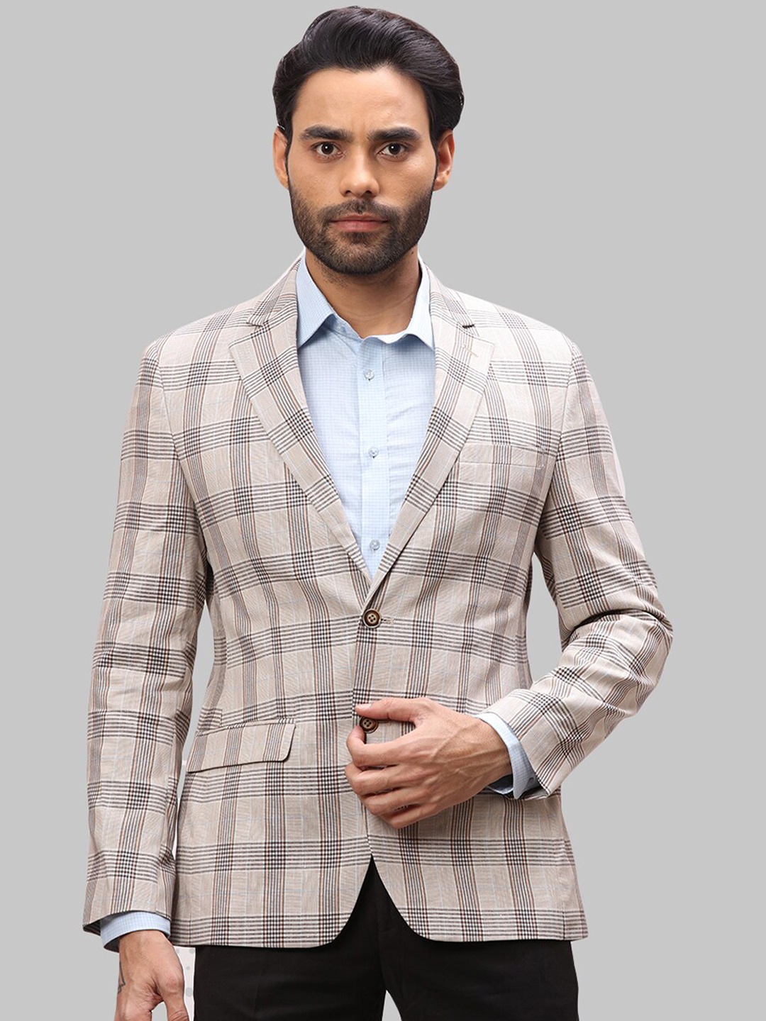 

Park Avenue Men Checked Regular Fit Single-Breasted Formal Blazer, Beige