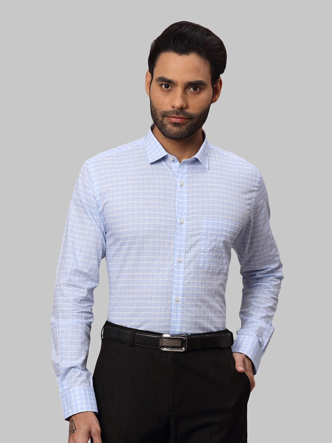 

Park Avenue Men Spread Collar Slim Fit Checked Formal Cotton Shirt, Blue