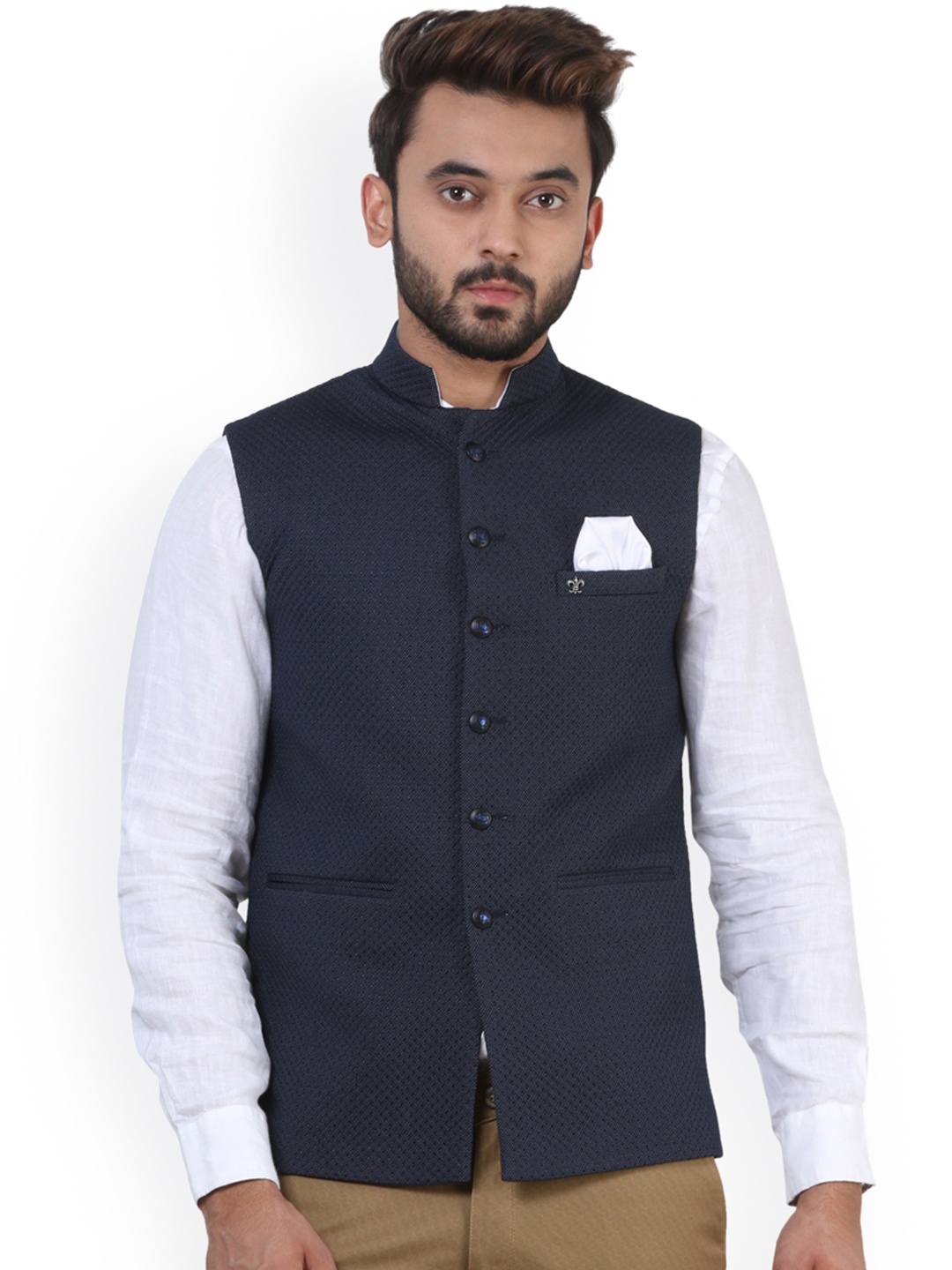 

Crimsoune Club Navy Self-Design Nehru Jacket, Navy blue