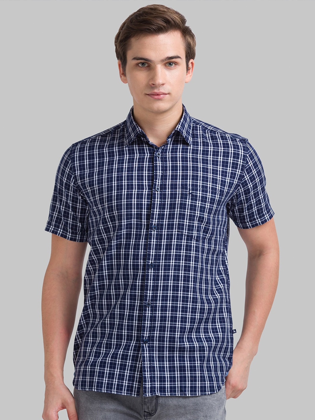

Parx Men Slim Fit Checked Casual Cotton Shirt, Blue