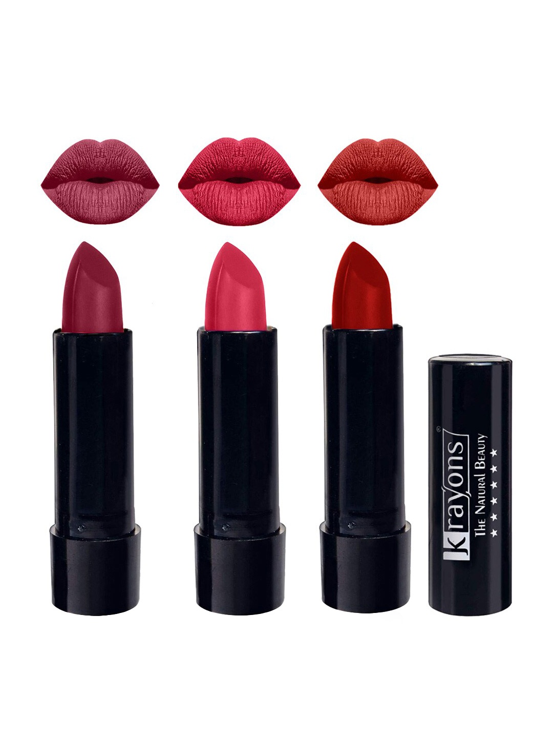 

krayons Set Of 3 The Natural Beauty Matte Lipstick -Shocking Pink,First Crush,Centre Stage, Red