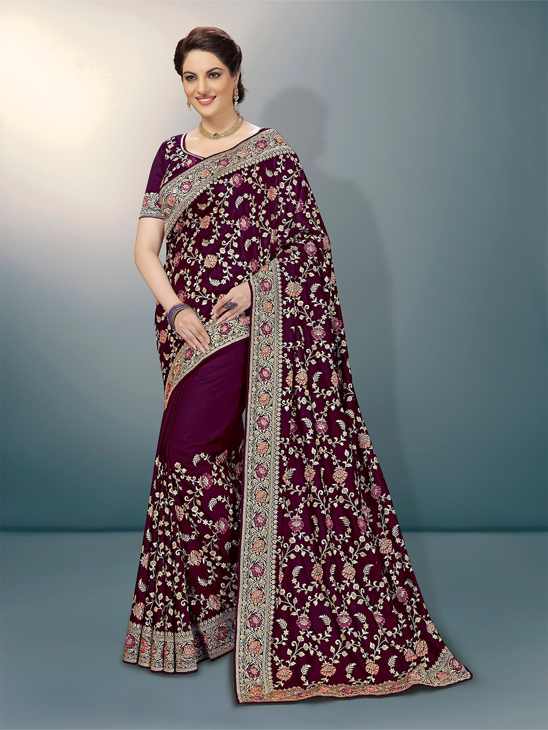 

Trendmalls Floral Embroidered Saree, Purple