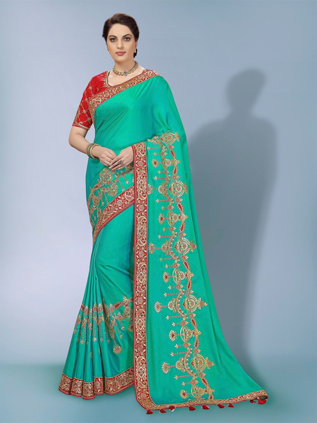 

Trendmalls Printed Floral Embroidered Saree, Turquoise blue