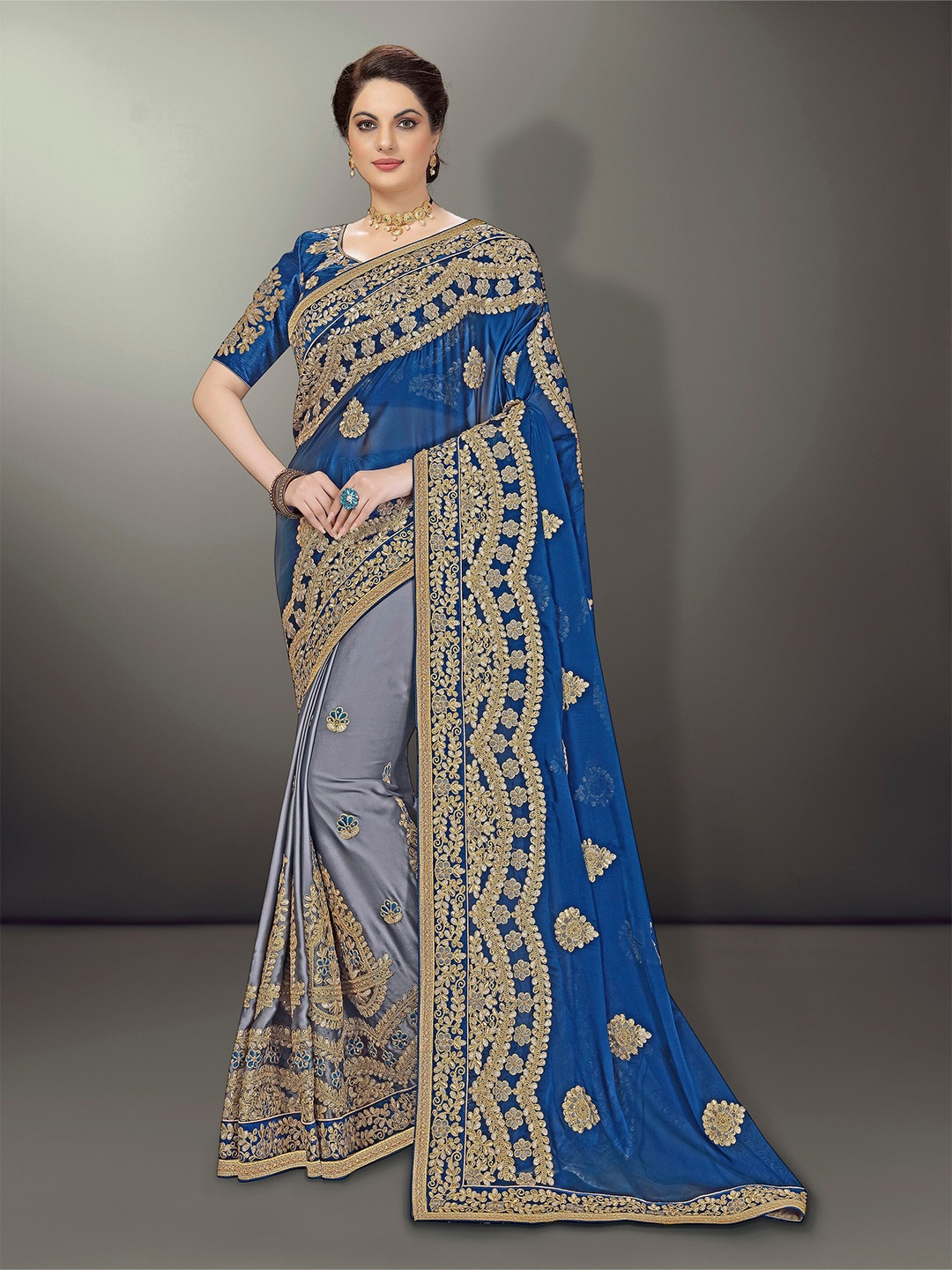 

Trendmalls Floral Embroidered Saree, Blue