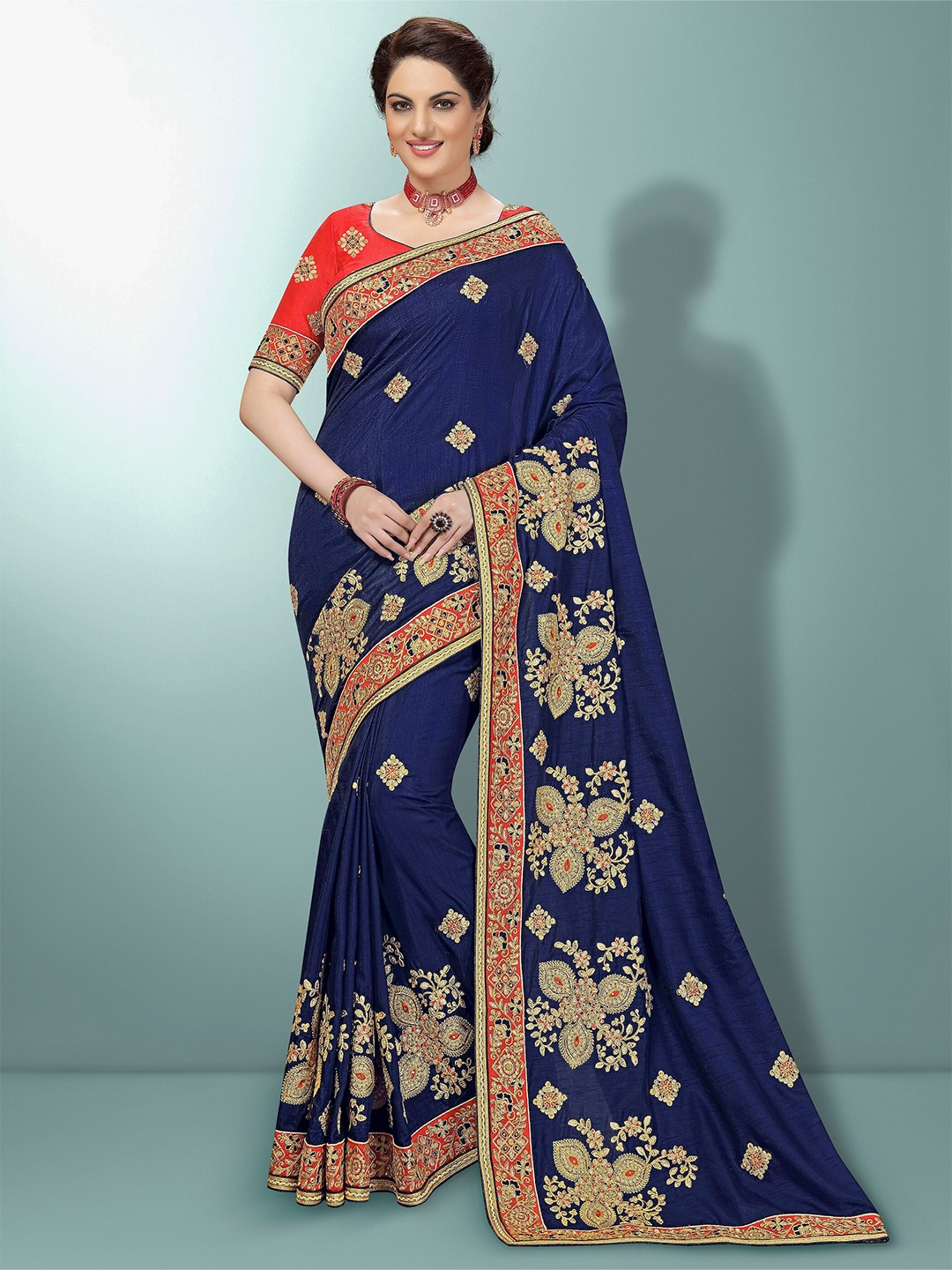 

Trendmalls Floral Embroidered Pure Silk Saree, Blue