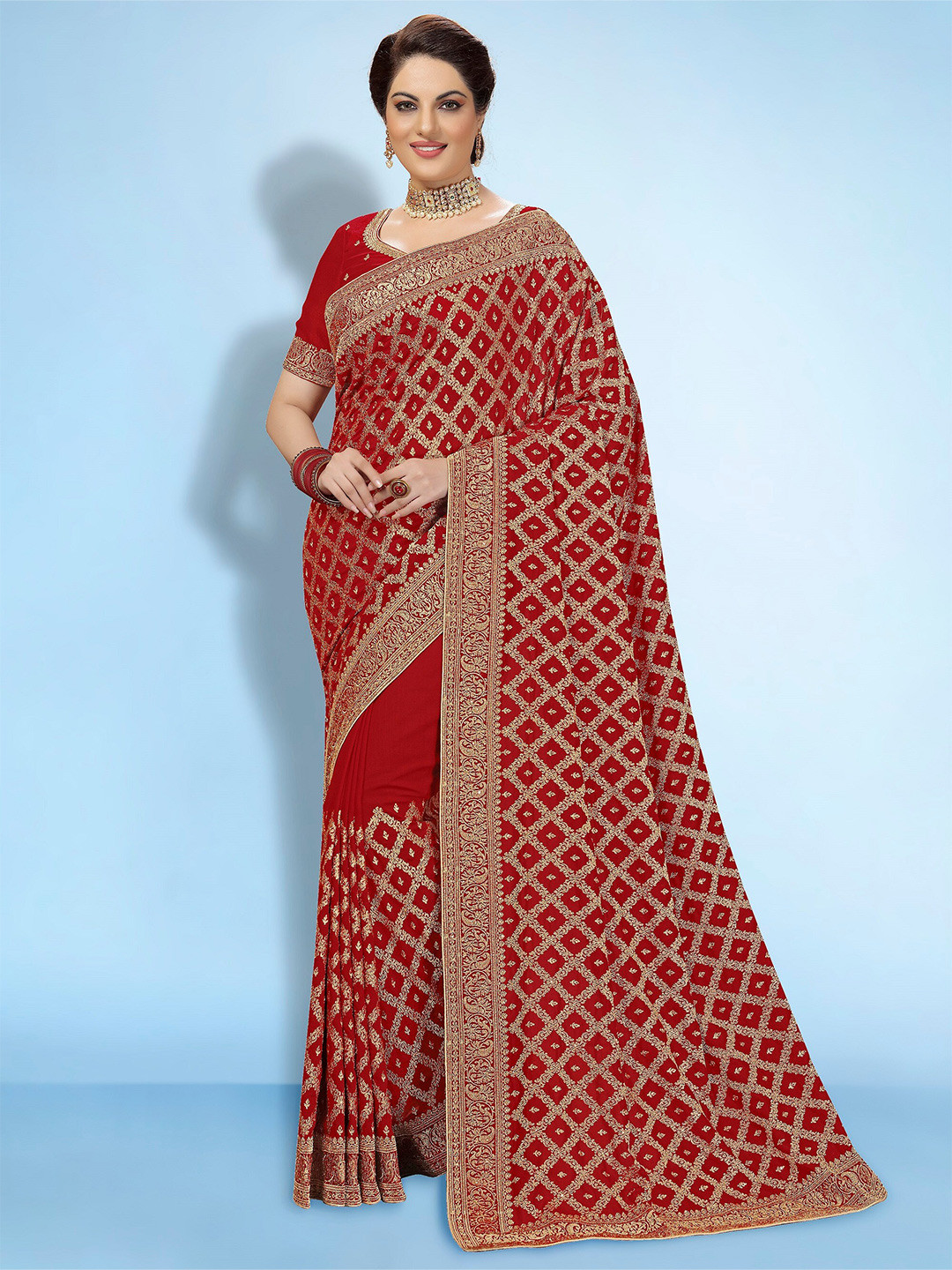 

Trendmalls Floral Printed Embroidered Saree, Red