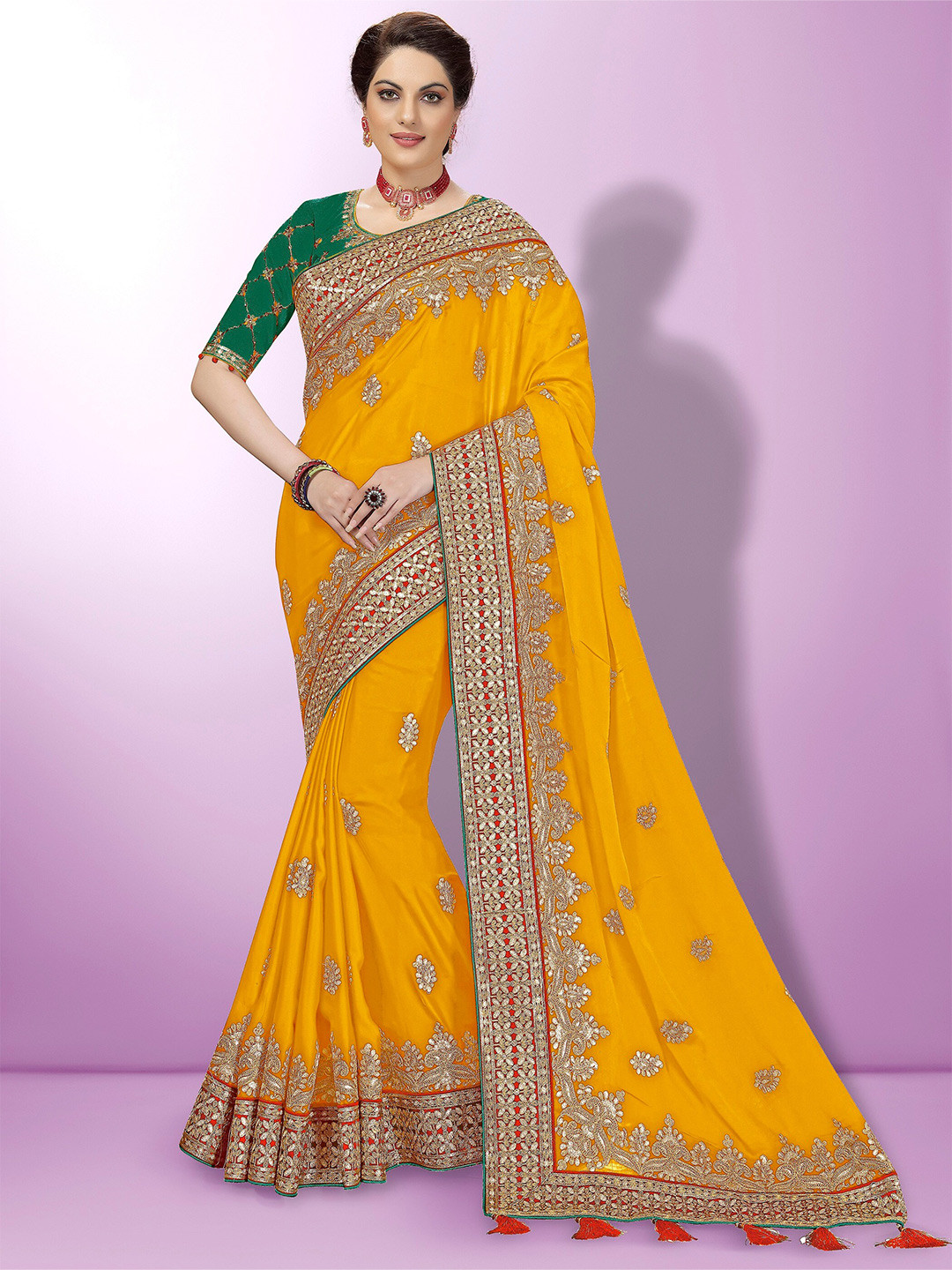 

Trendmalls Floral Embroidered Pure Silk Saree, Yellow