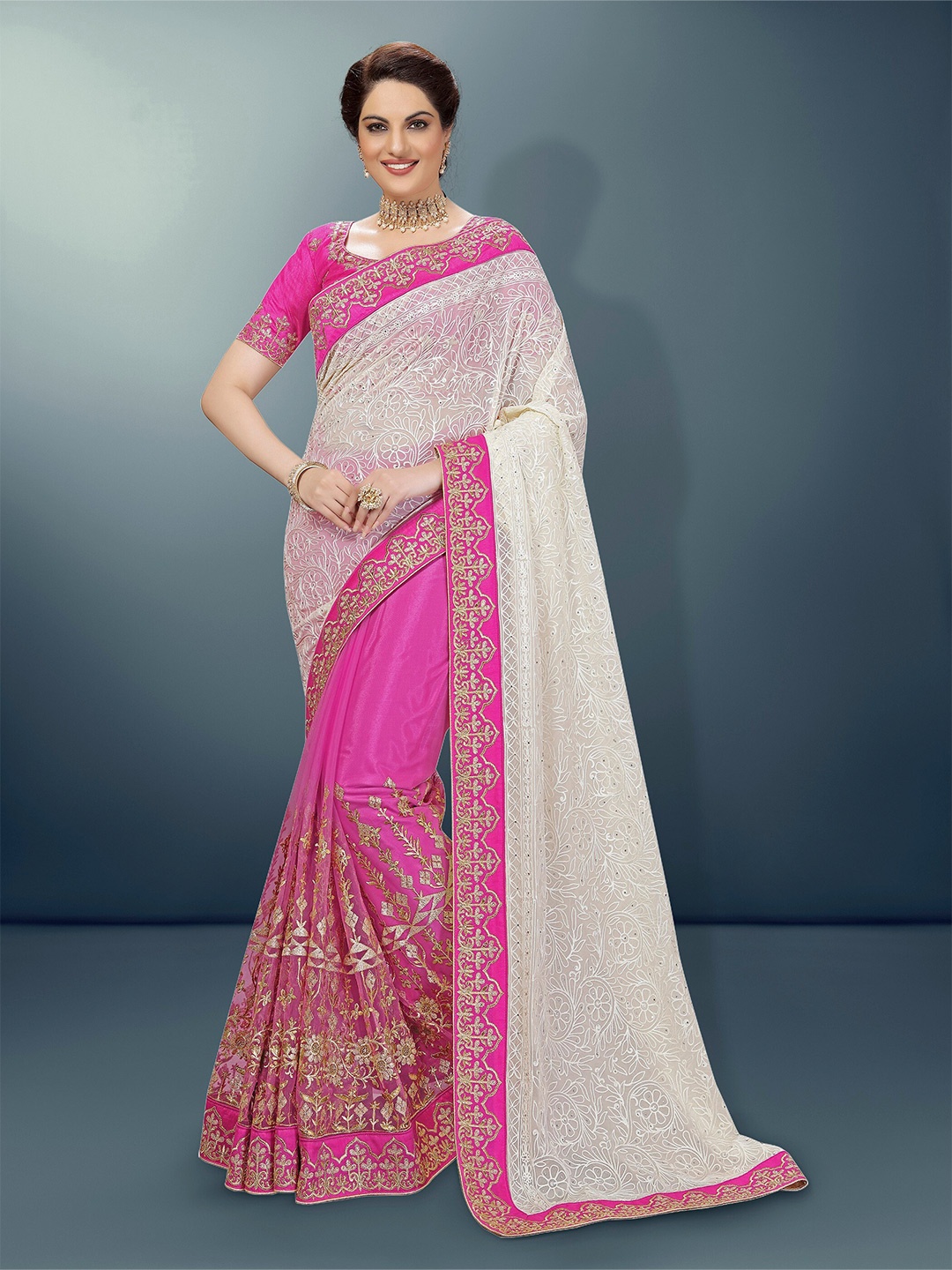 

Trendmalls Ethnic Motifs Embroidered Saree, Pink