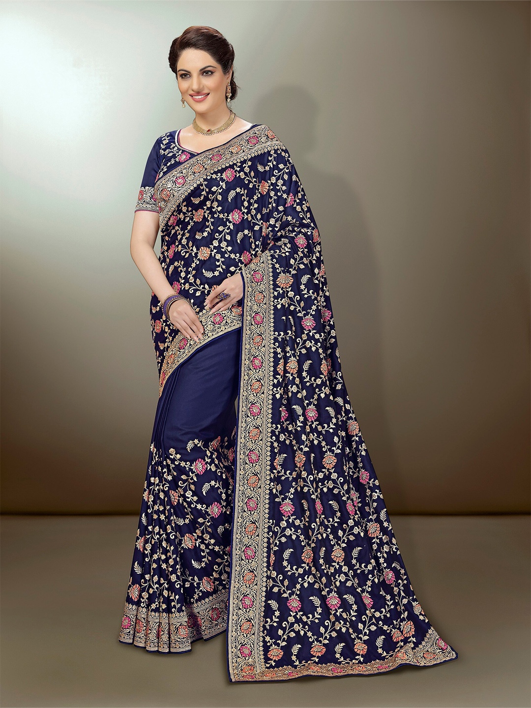 

Trendmalls Floral Embroidered Saree, Blue