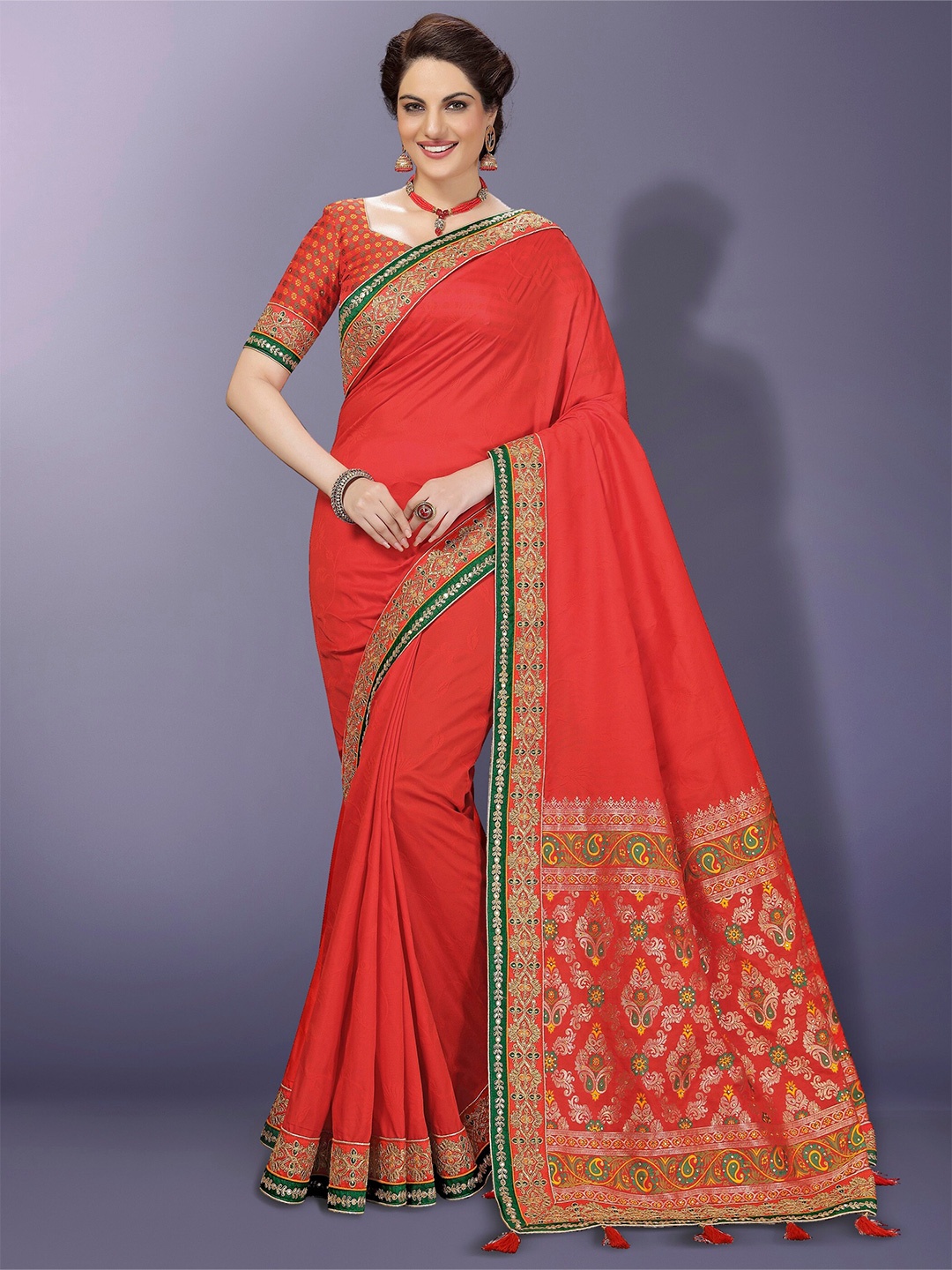 

Trendmalls Ethnic Motifs Zari Silk Blend Saree, Red