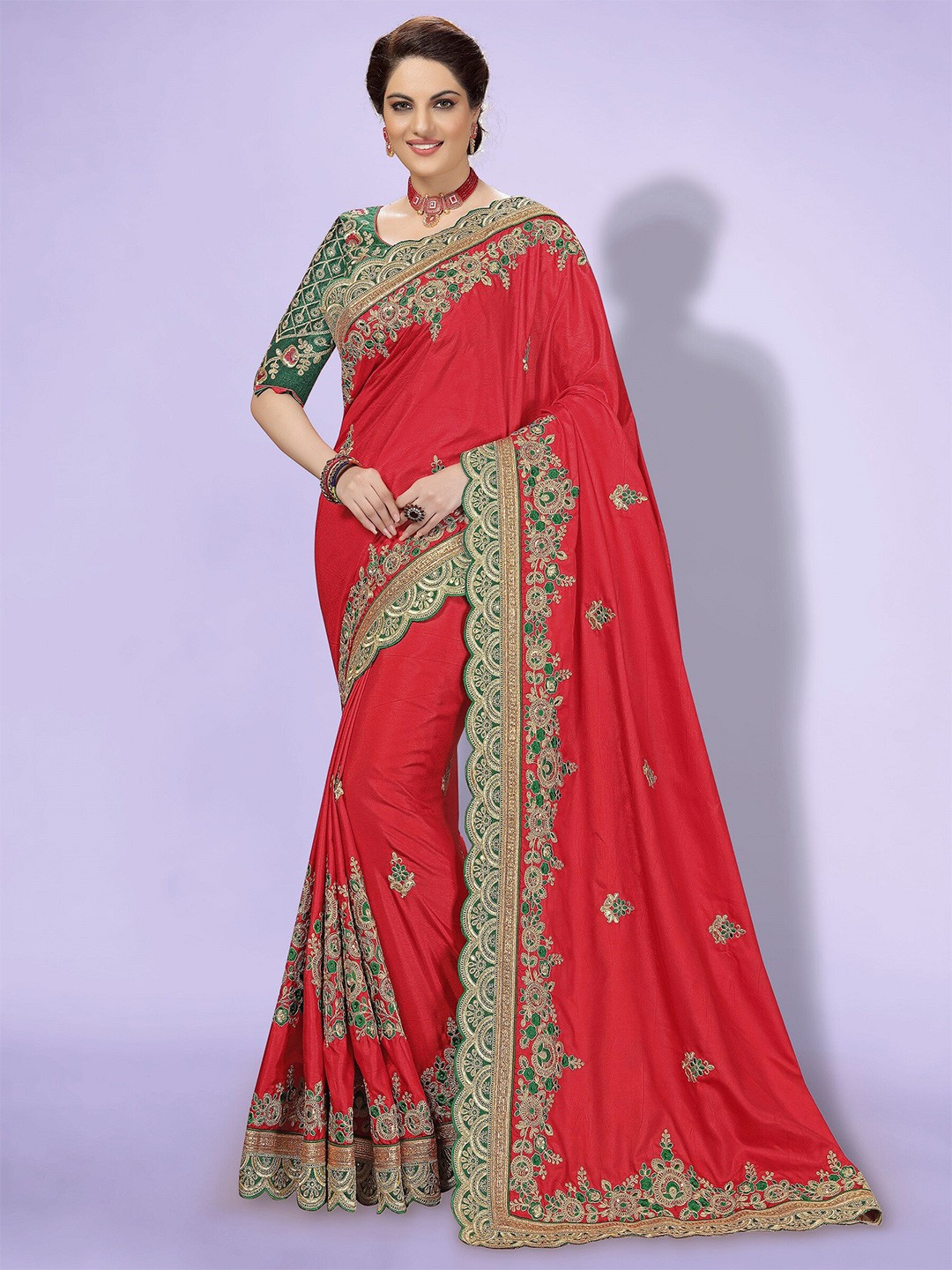 

Trendmalls Red & Green Ethnic Motifs Embroidered Pure Silk Saree