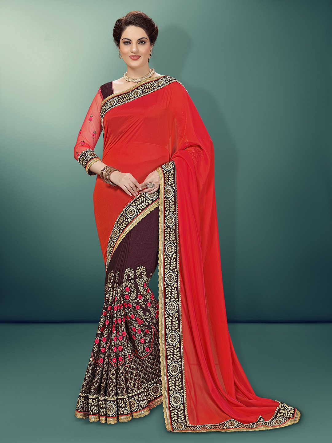 

Trendmalls Floral Embroidered Pure Silk Saree, Red