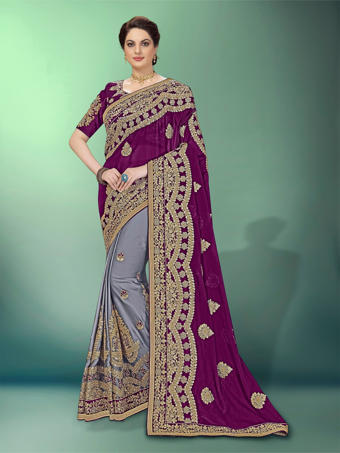 

Trendmalls Floral Embroidered Bordered Saree, Purple