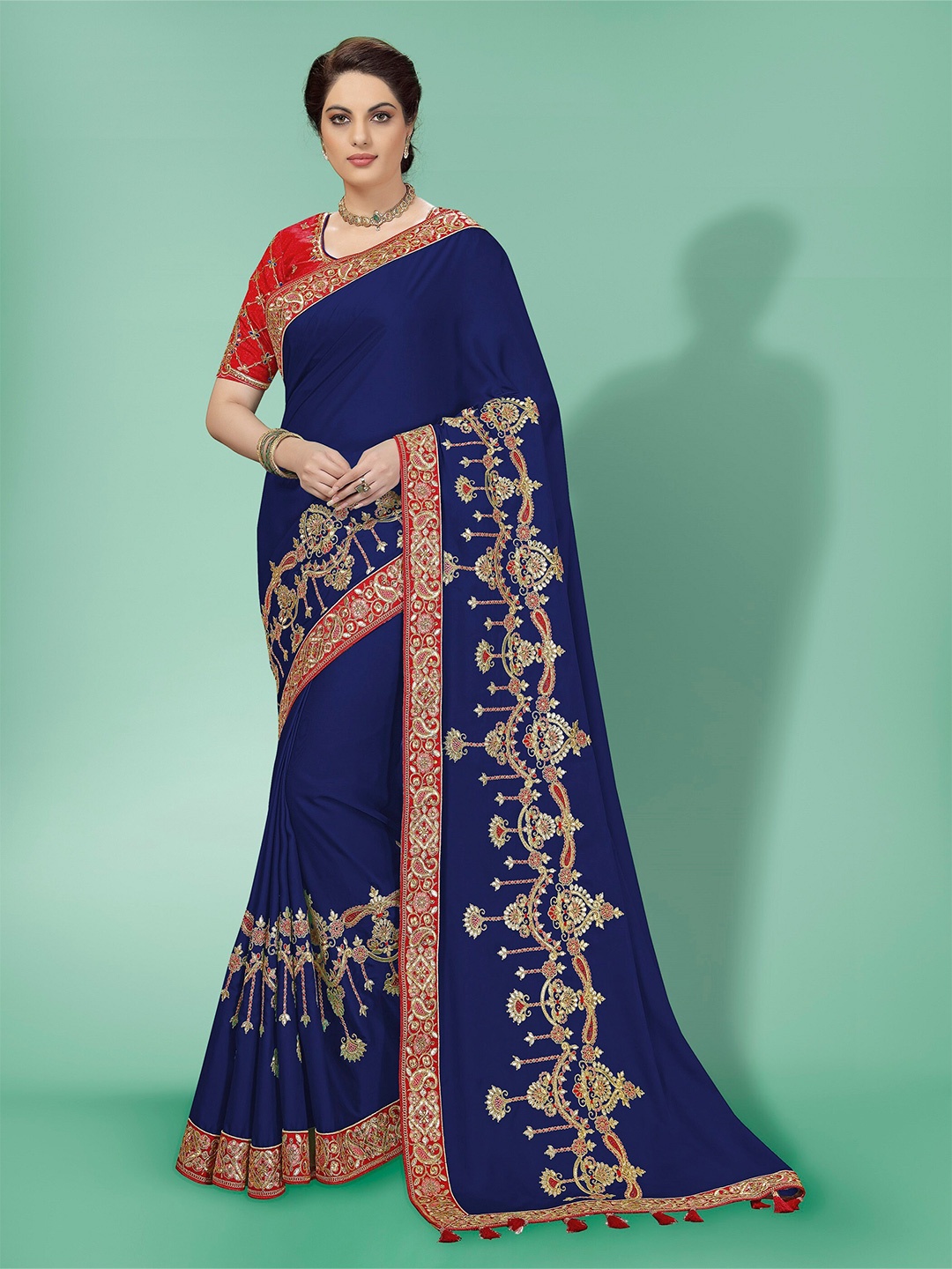 

Trendmalls Blue & Red Floral Embroidered Saree