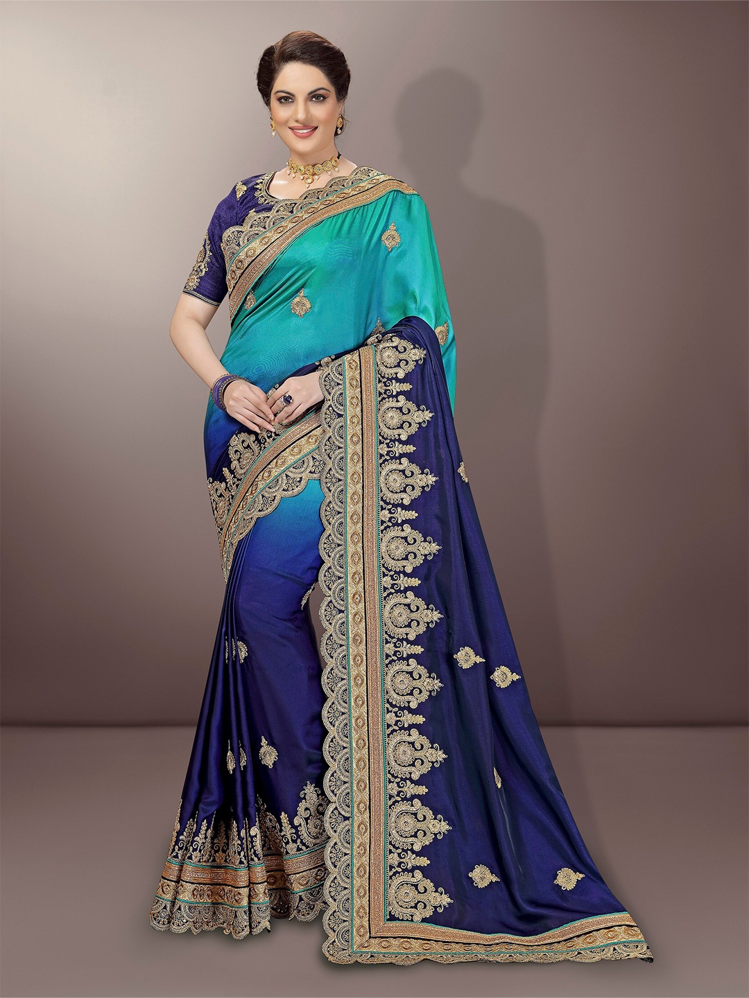 

Trendmalls Ethnic Motifs Embroidered Pure Silk Saree, Blue
