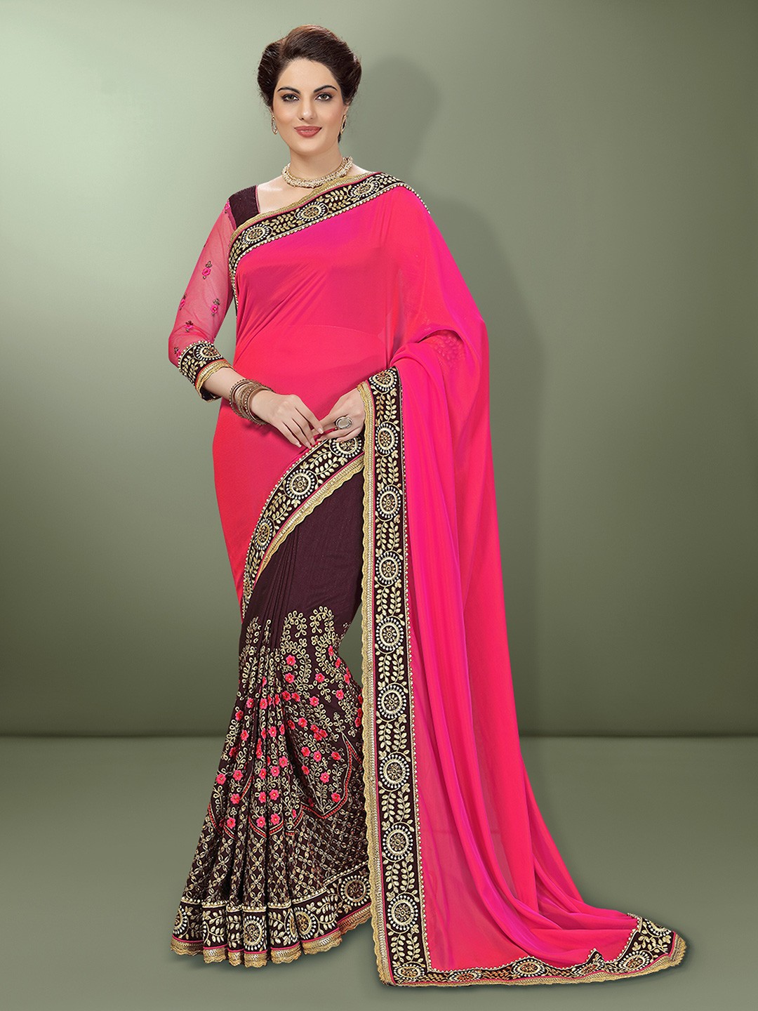 

Trendmalls Pink & Brown Colourblocked Embroidered Pure Silk Saree