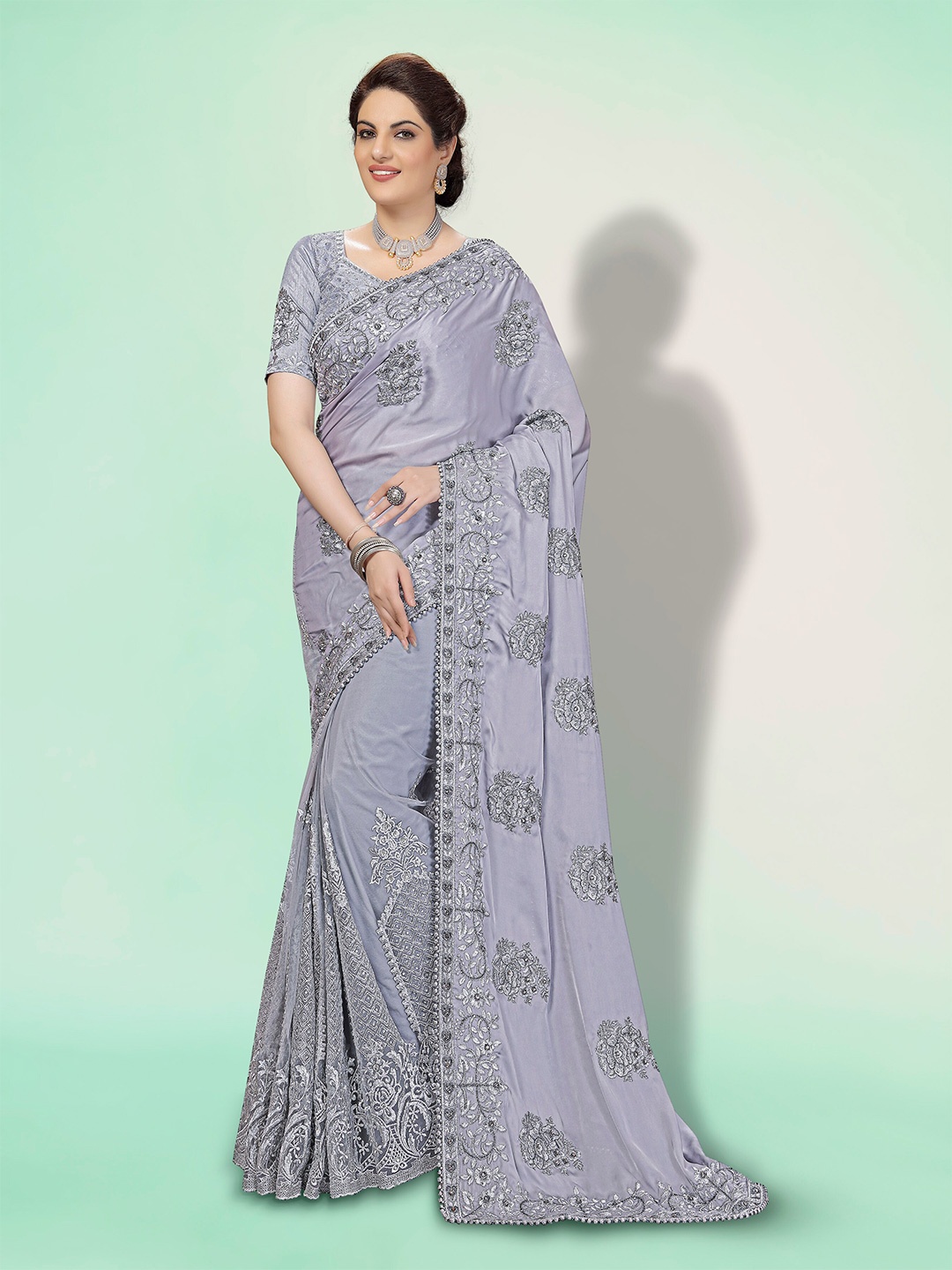 

Trendmalls Grey Floral Beads and Stones Satin Saree