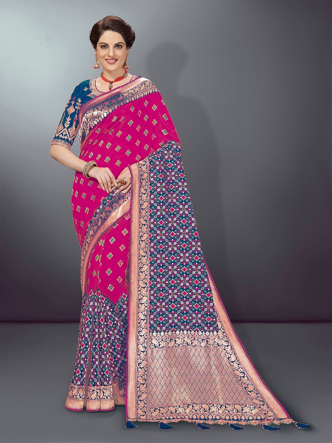 

Trendmalls Pink & Blue Woven Design Zari Silk Blend Saree