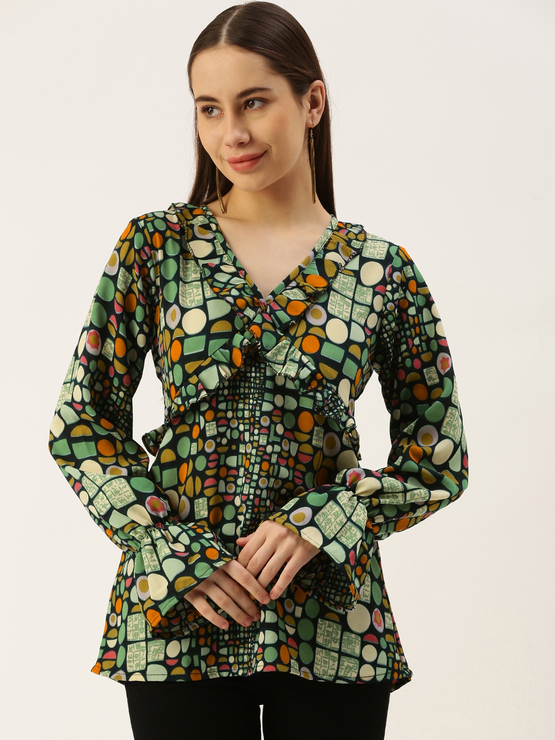 

IQRAAR Geometric Print V-Neck Top With Ruffle Detail, Multi