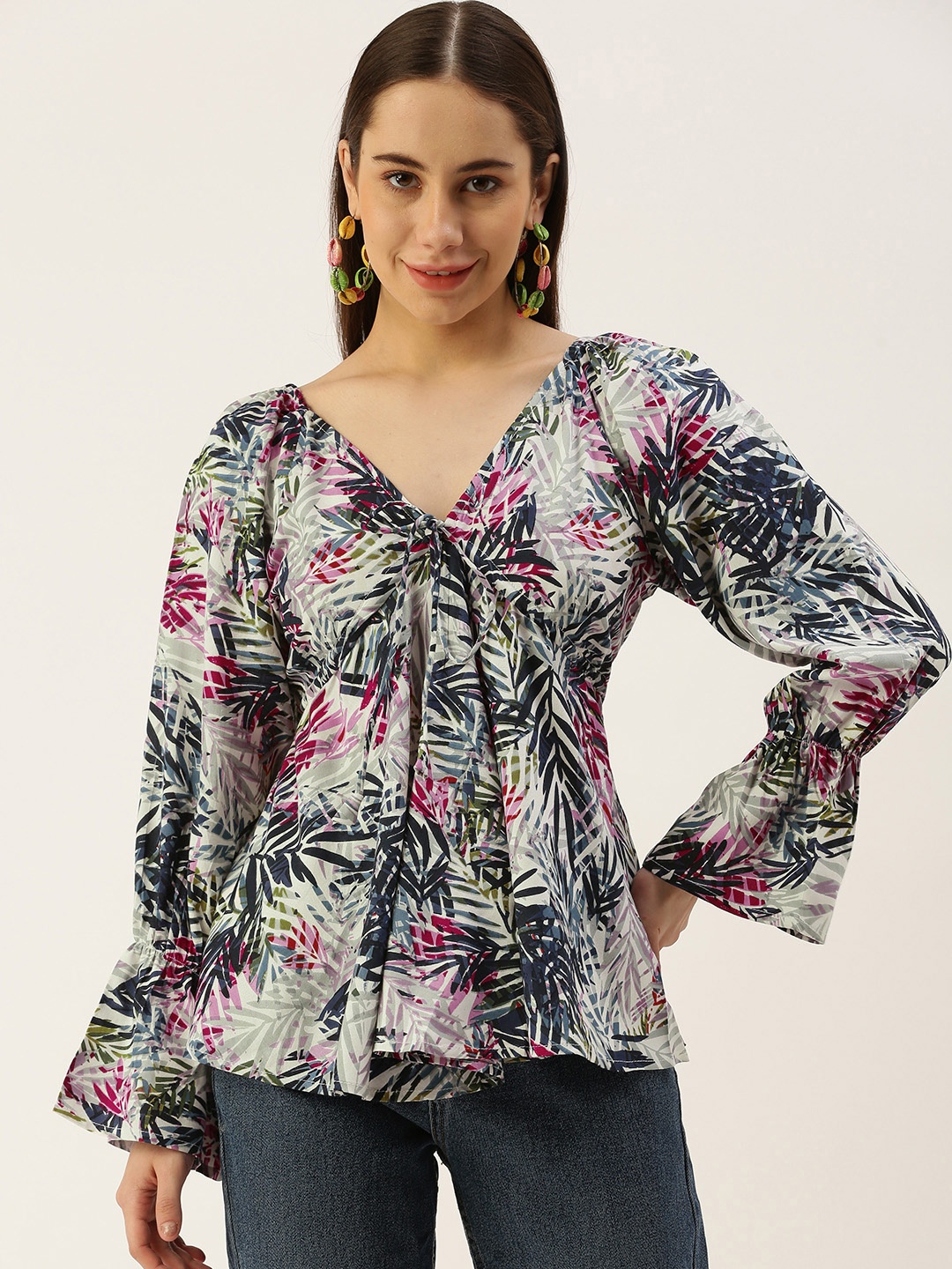 

IQRAAR Tropical Print V-Neck Tie-Up Top, White