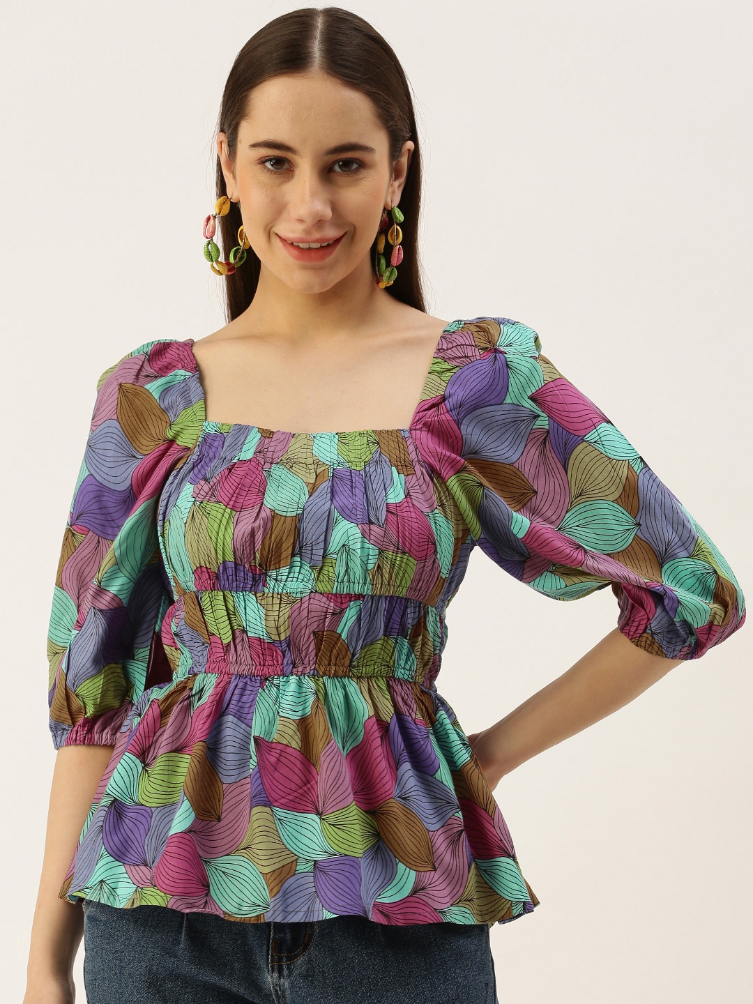 

IQRAAR Floral Print Square Neck Top With Pleated Detail, Purple