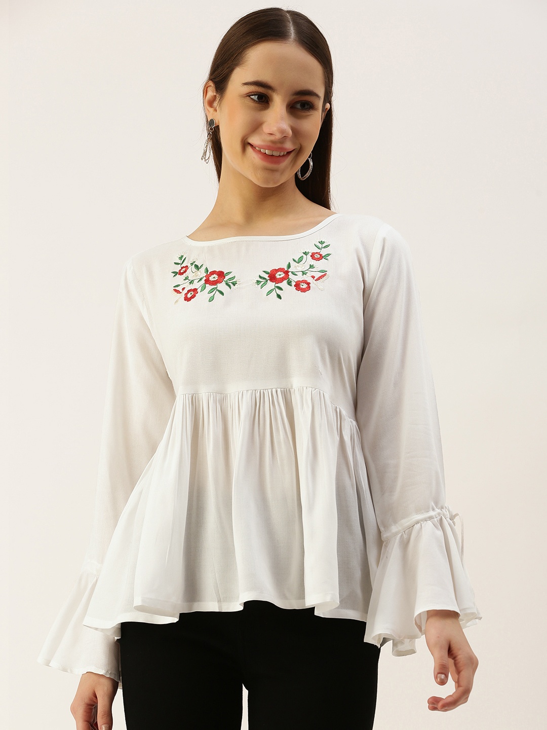 

IQRAAR Floral Embroidered Bell Sleeves Peplum Longline Top, White